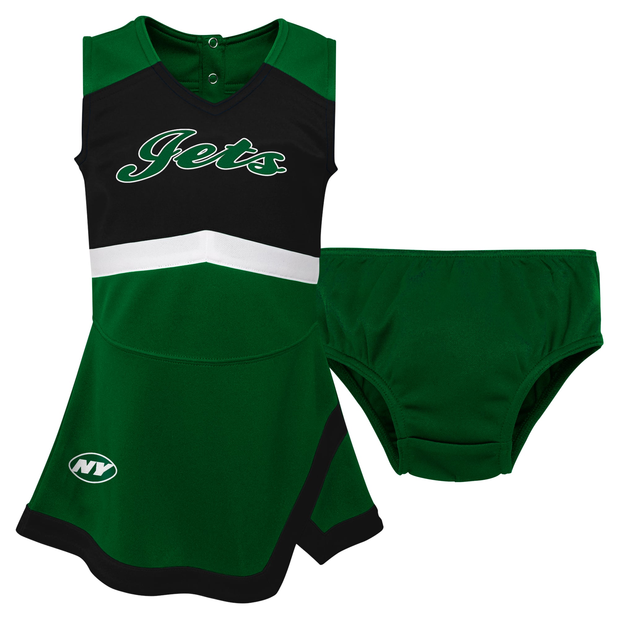 Robe verte à col en V et bloomer assorti, motif capitaine des pom-pom girls Jets de New York, pour petites filles (Outerstuff).
