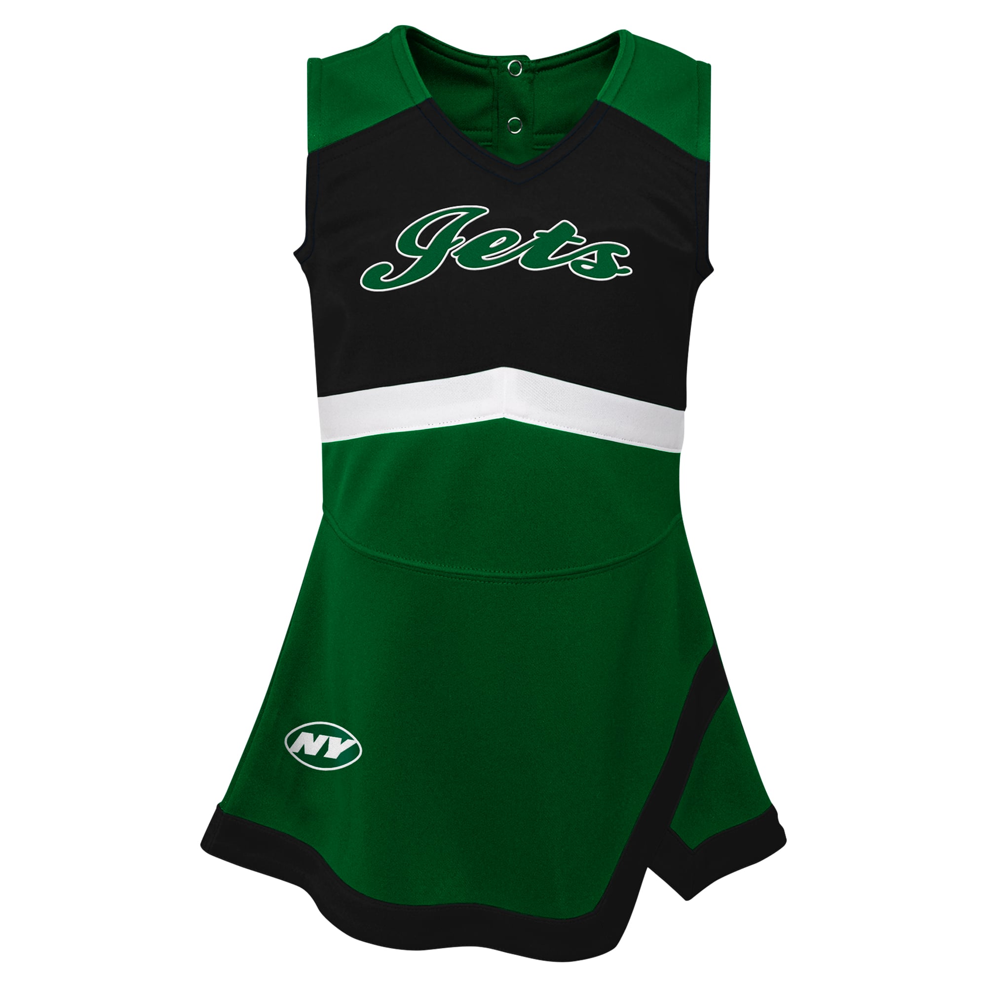 Robe verte à col en V et bloomer assorti, motif capitaine des pom-pom girls Jets de New York, pour petites filles (Outerstuff).