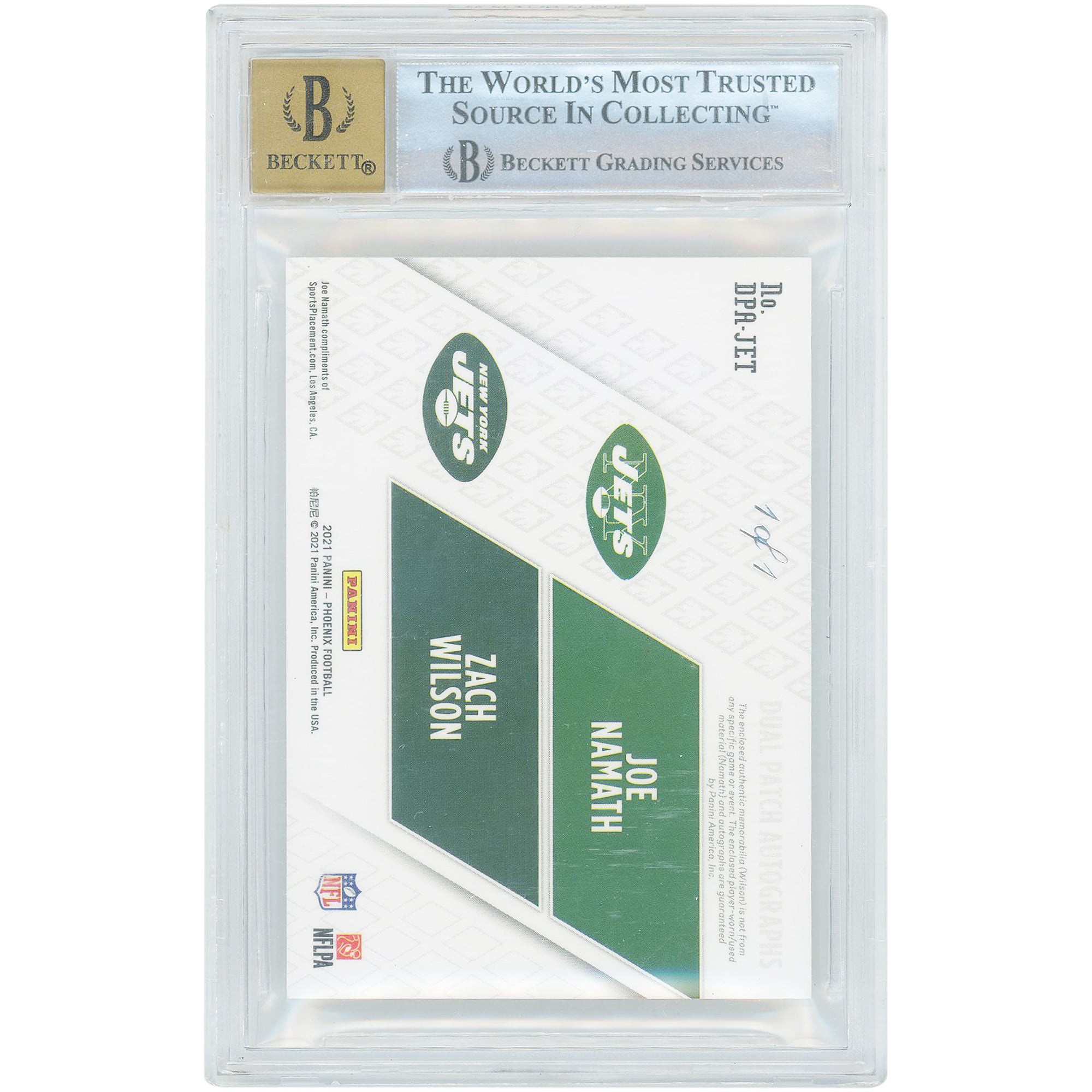 Carte Panini Phoenix Super Prime Dual Patch Relic 2021 autographiée par Joe Namath et Zach Wilson (New York Jets) #DPA-JET #1/1, authentifiée BGS 9/10 - Sous-notes : 9,5, 9, 9, 8,5