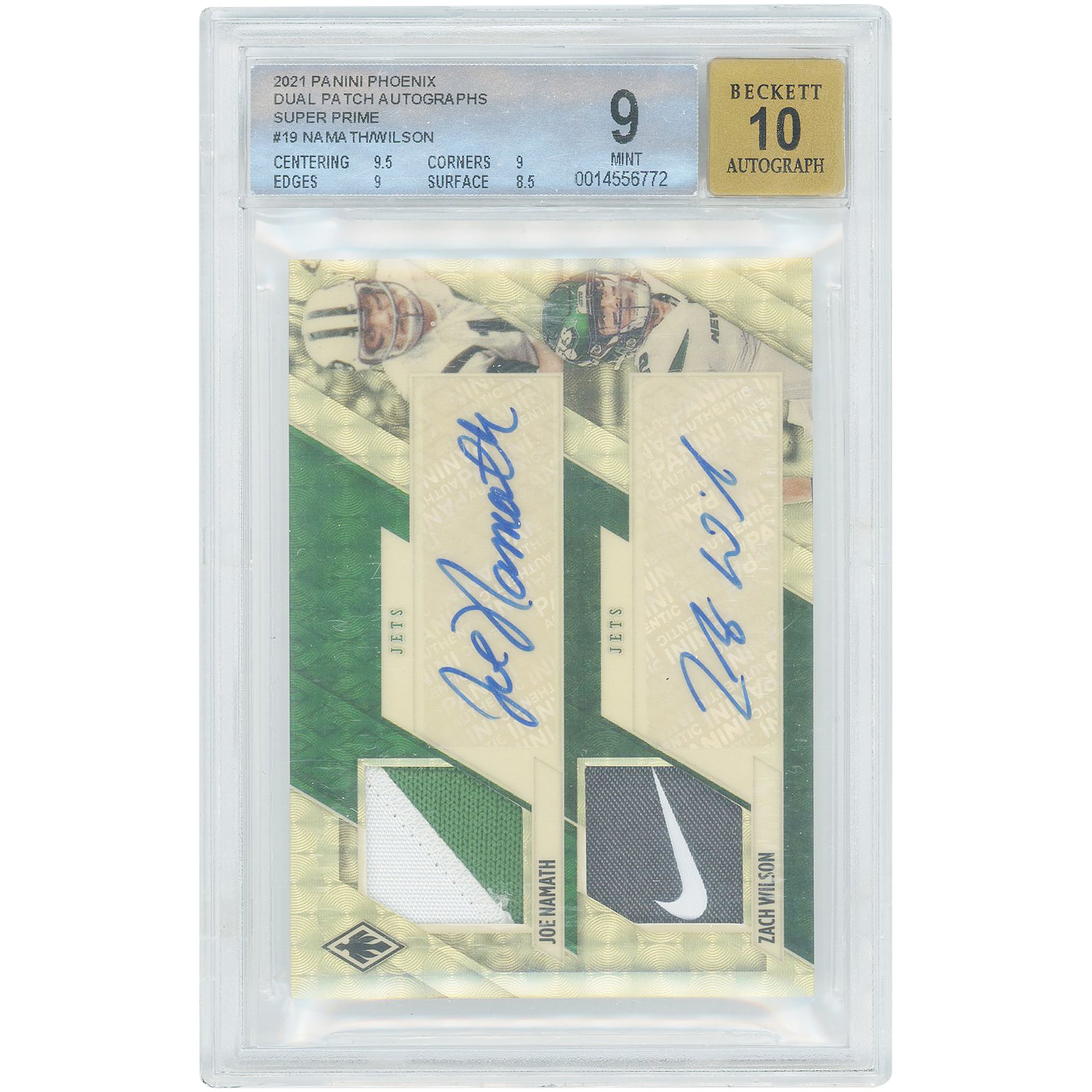 Carte Panini Phoenix Super Prime Dual Patch Relic 2021 autographiée par Joe Namath et Zach Wilson (New York Jets) #DPA-JET #1/1, authentifiée BGS 9/10 - Sous-notes : 9,5, 9, 9, 8,5