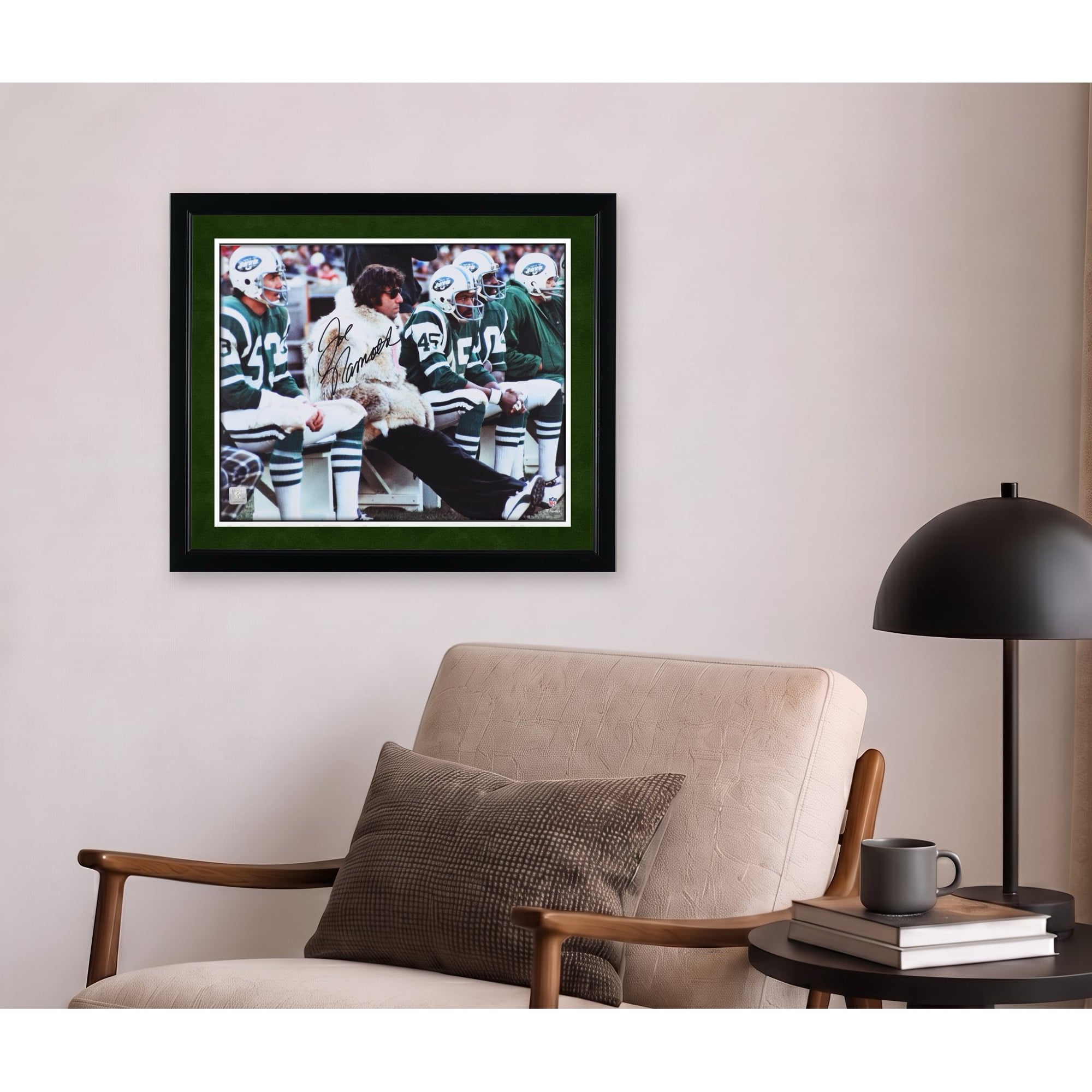 Joe Namath New York Jets Autographed 16" x 20" Fur Coat Sideline Photograph
