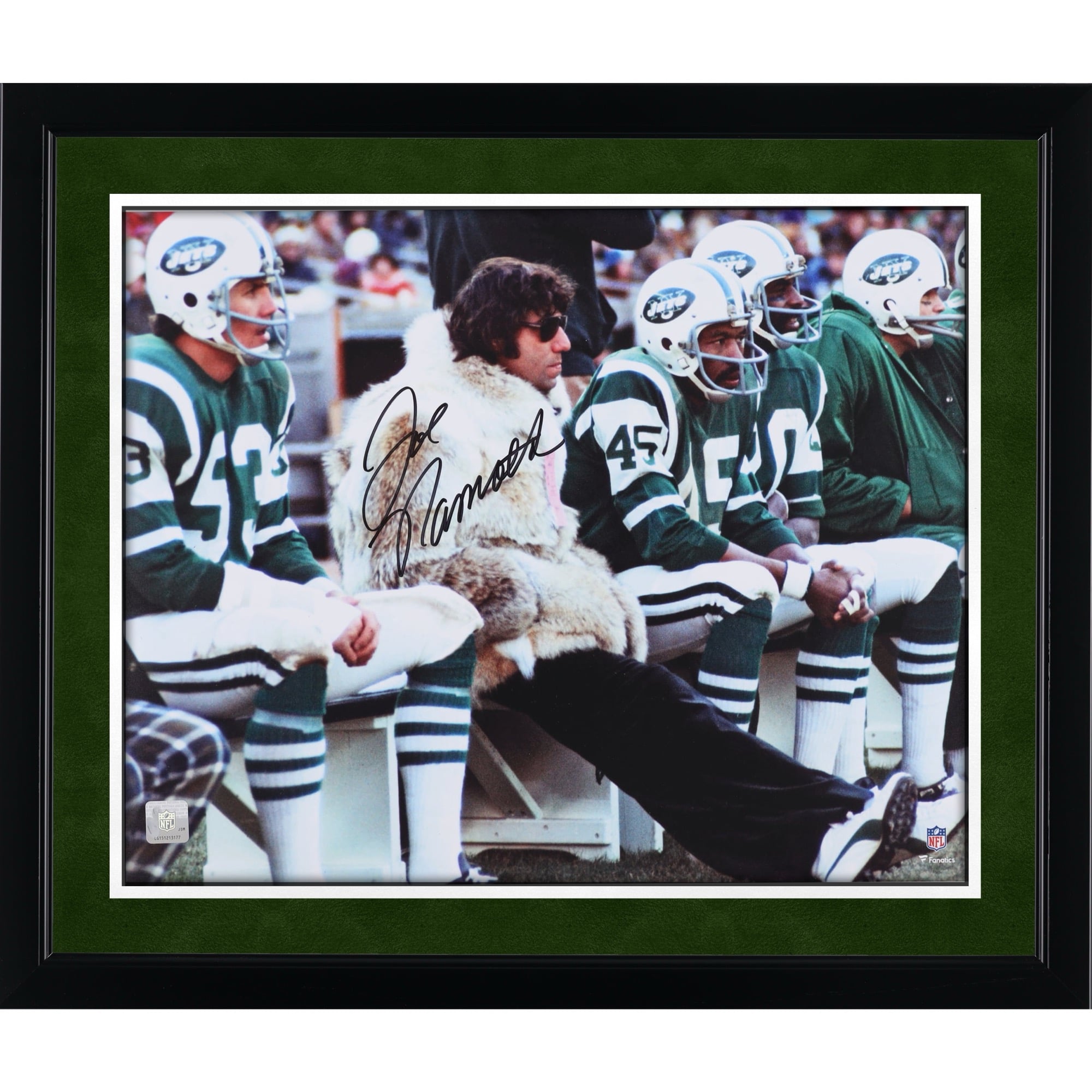 Joe Namath New York Jets Autographed 16" x 20" Fur Coat Sideline Photograph