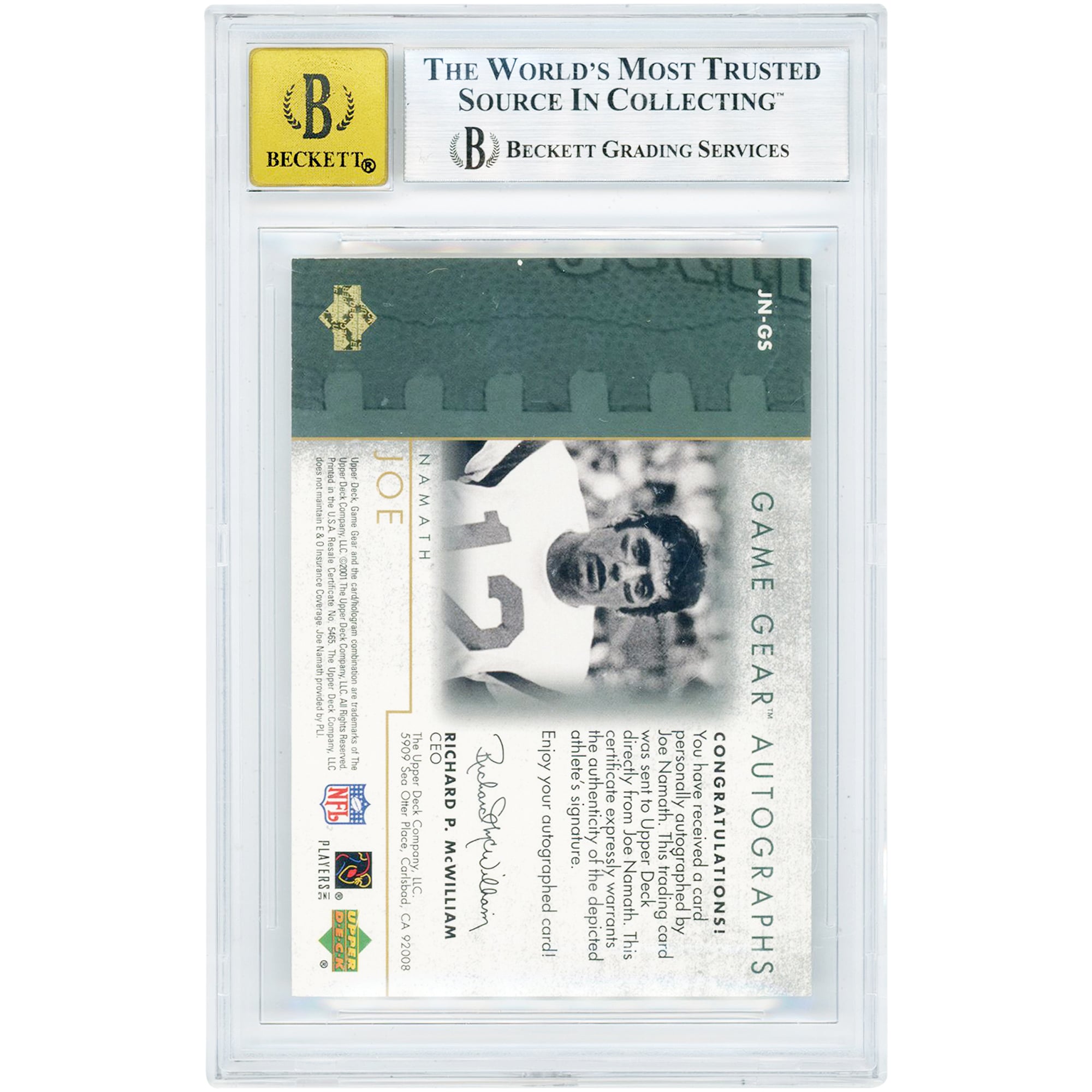 Joe Namath New York Jets Autographed 2001 Upper Deck Game Gear #JN-GS BGS Authenticated 7/10 Card - 9.5,9,9,6 Subgrades