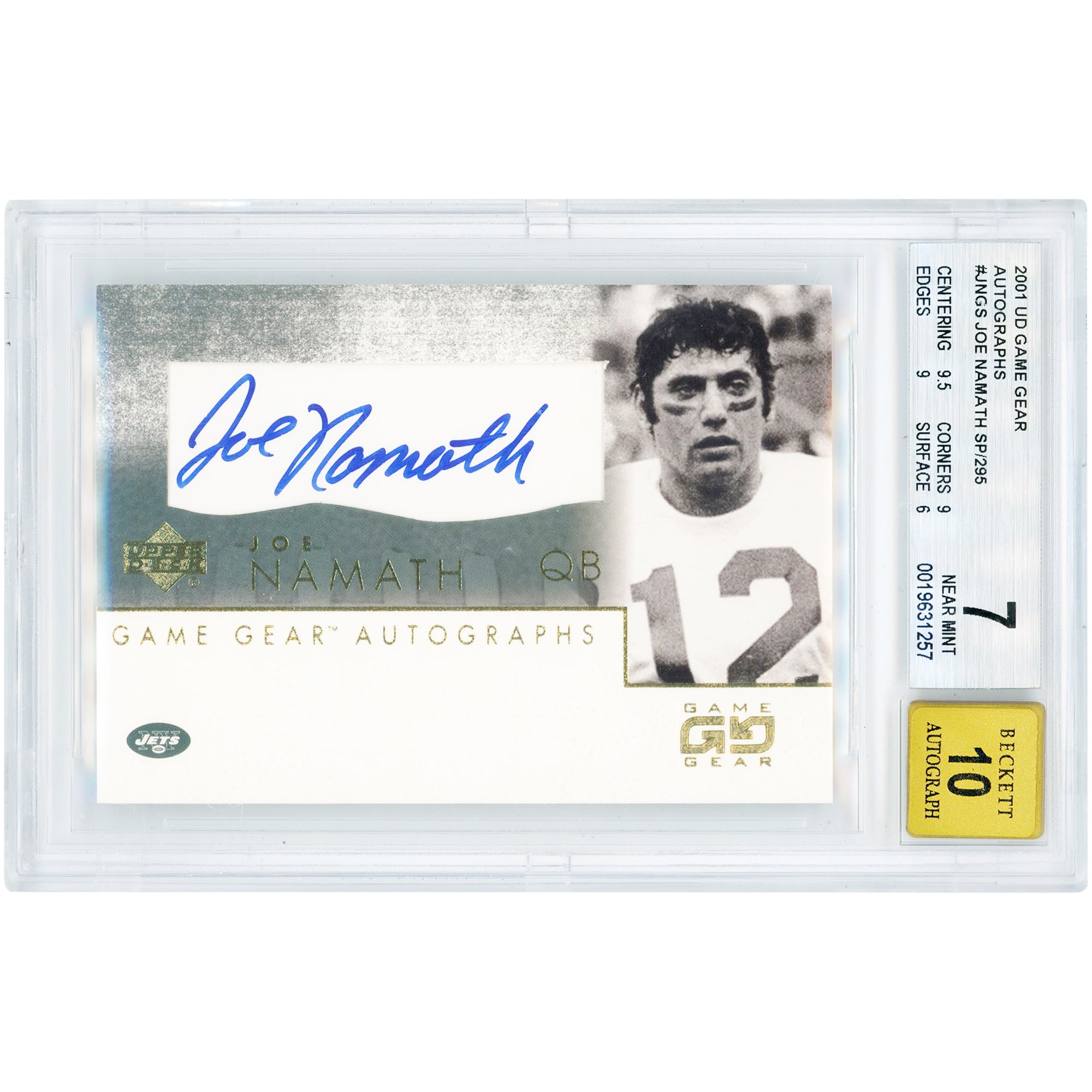 Joe Namath New York Jets Autographed 2001 Upper Deck Game Gear #JN-GS BGS Authenticated 7/10 Card - 9.5,9,9,6 Subgrades