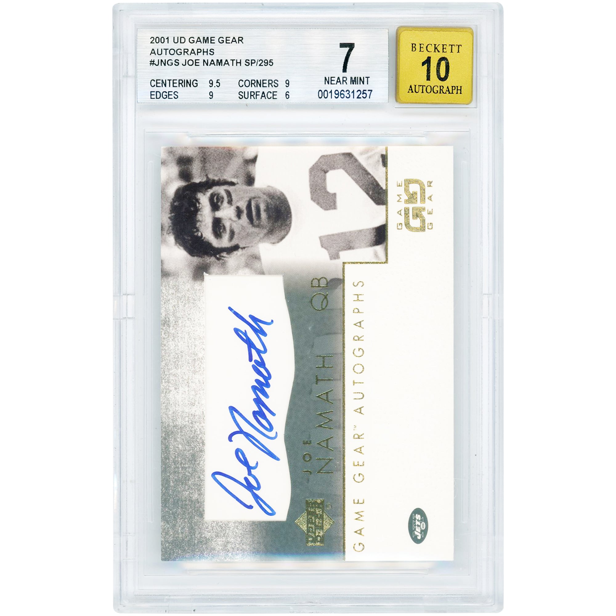 Joe Namath New York Jets Autographed 2001 Upper Deck Game Gear #JN-GS BGS Authenticated 7/10 Card - 9.5,9,9,6 Subgrades