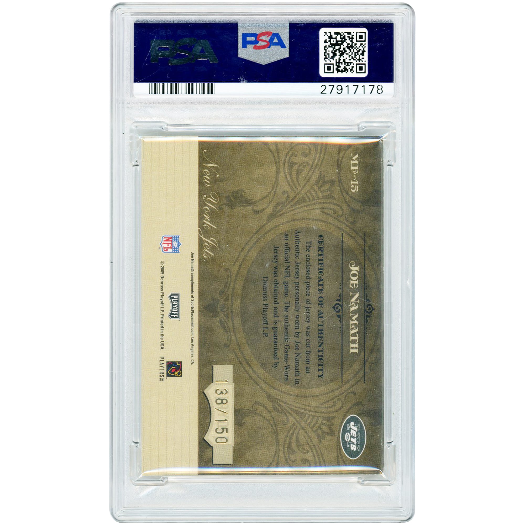 Joe Namath New York Jets Autographed 2006 Playoff Absolute Memorabilia Marks Of Fame Game Used Jersey Relic #MF-15 #138/150 PSA Authenticated 7/9 Card