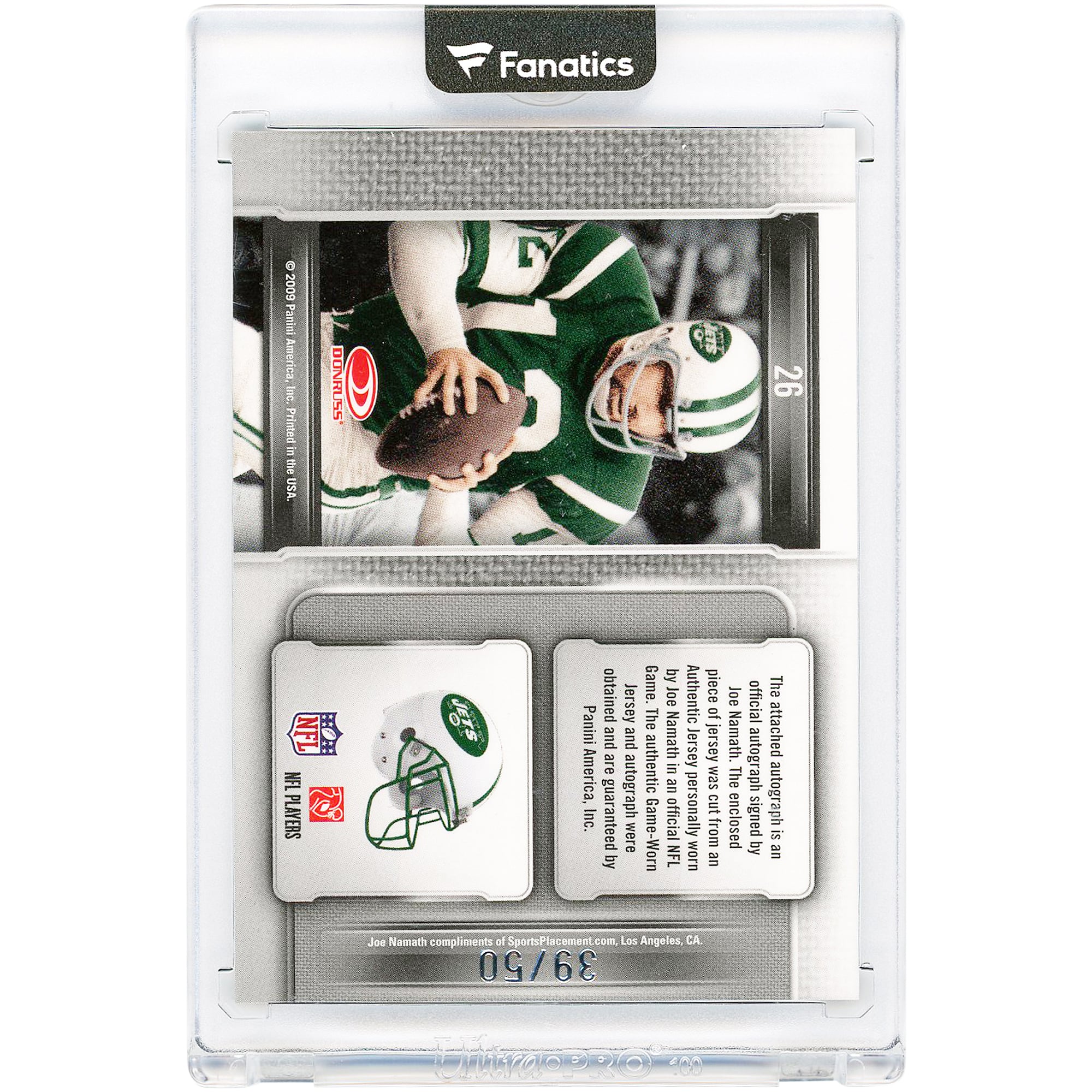 Joe Namath New York Jets Autographed 2009 Donruss Limited Material Monikers Relic #26 #39/50 Card