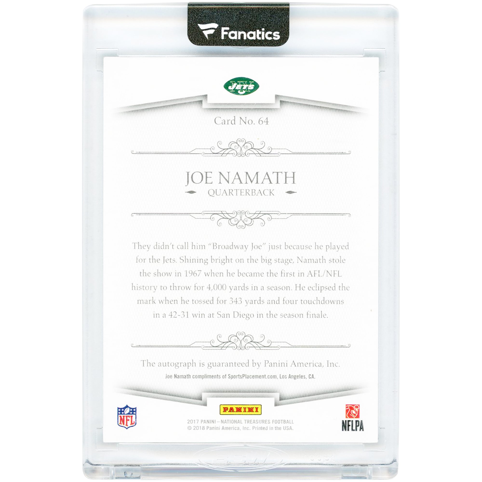 Carte autographiée de Joe Namath (New York Jets) 2017 Panini National Treasures NFL Greatest Signatures n° 64, n° 6/25