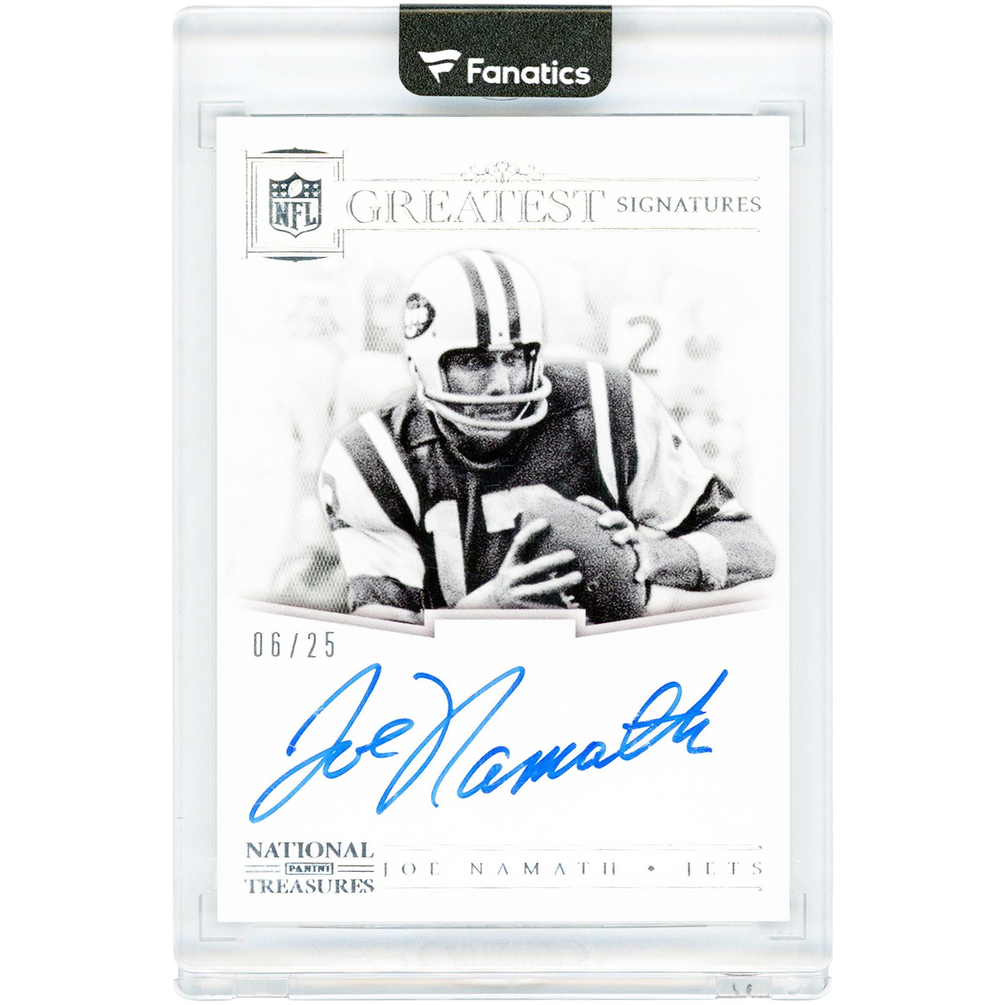 Carte autographiée de Joe Namath (New York Jets) 2017 Panini National Treasures NFL Greatest Signatures n° 64, n° 6/25