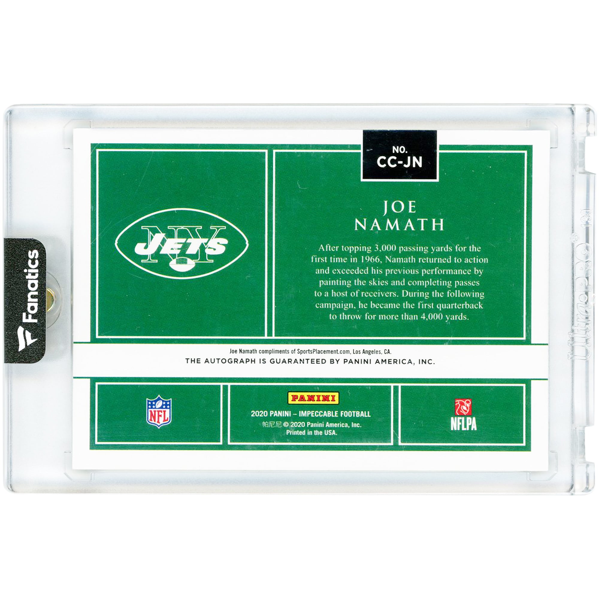Joe Namath New York Jets Autographed 2020 Panini Impeccable Canvas Creations #CC-JN #5/10 Card