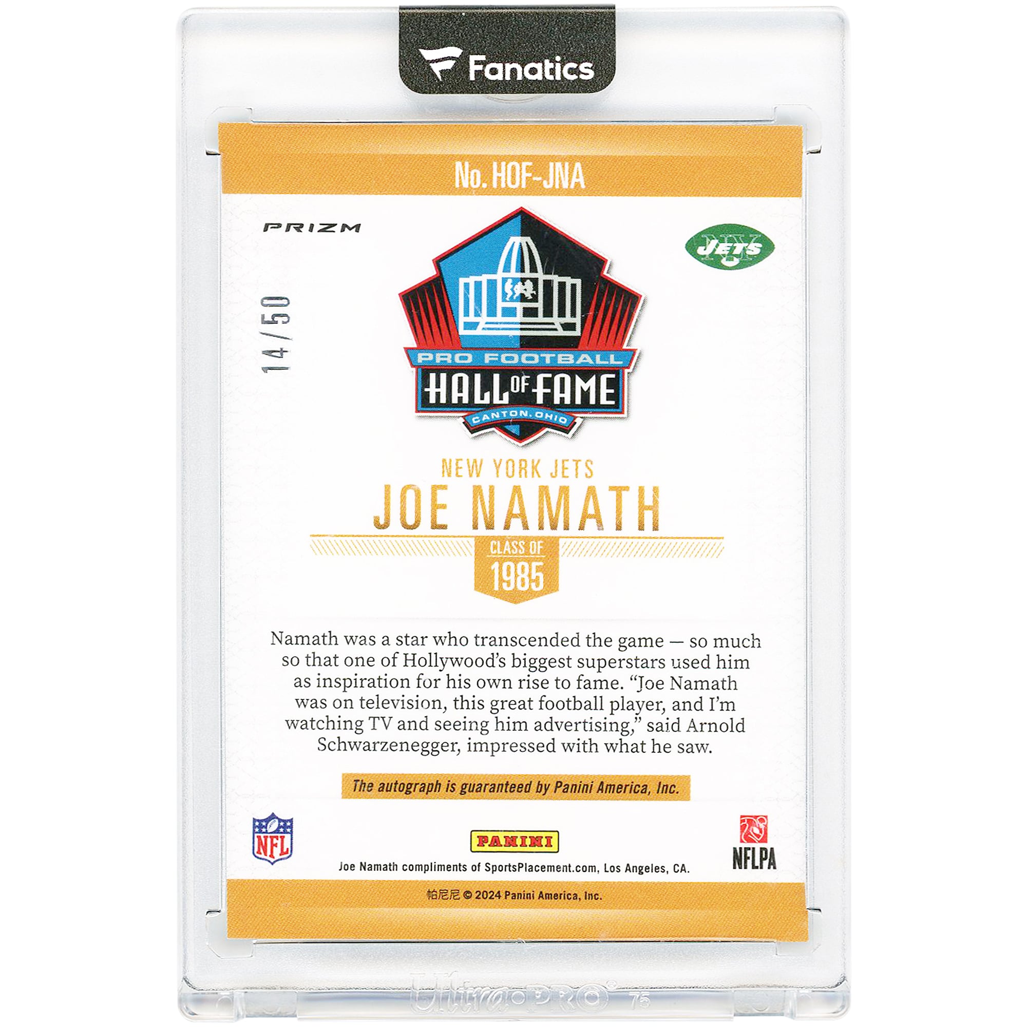 Joe Namath New York Jets Autographed 2024 Panini Spectra HOF Prizm #HOF-JNH #14/50 Card