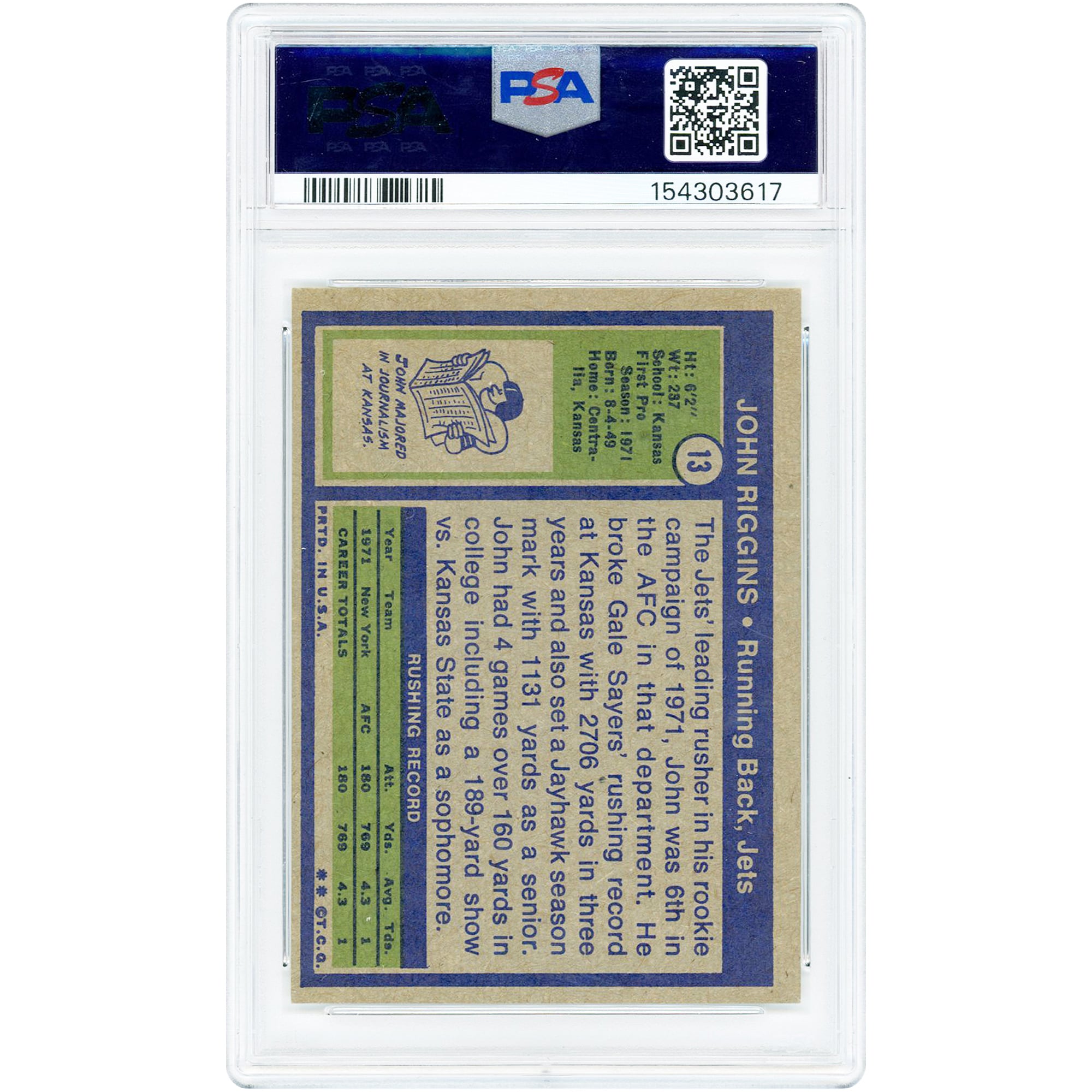 John Riggins New York Jets 1972 Topps #13 PSA Authenticated 8 Rookie Card
