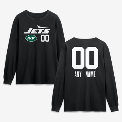 New York Jets  Touchdown Wordmark Personalized Name & Number Long Sleeve T-Shirt - Black