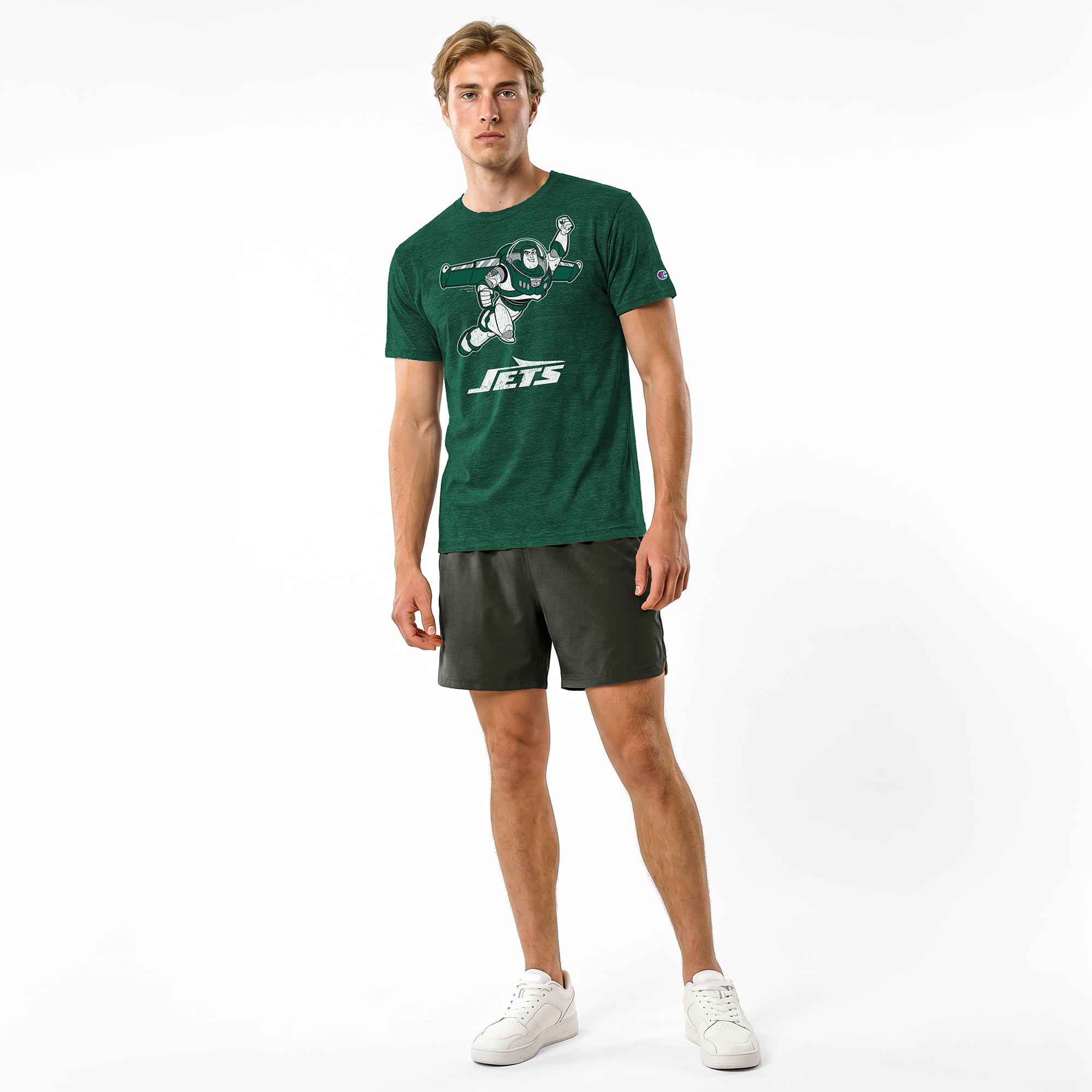 T-shirt homme Disney x Champion vert foncé New York Jets Buzz l'Éclair en mélange de trois matières