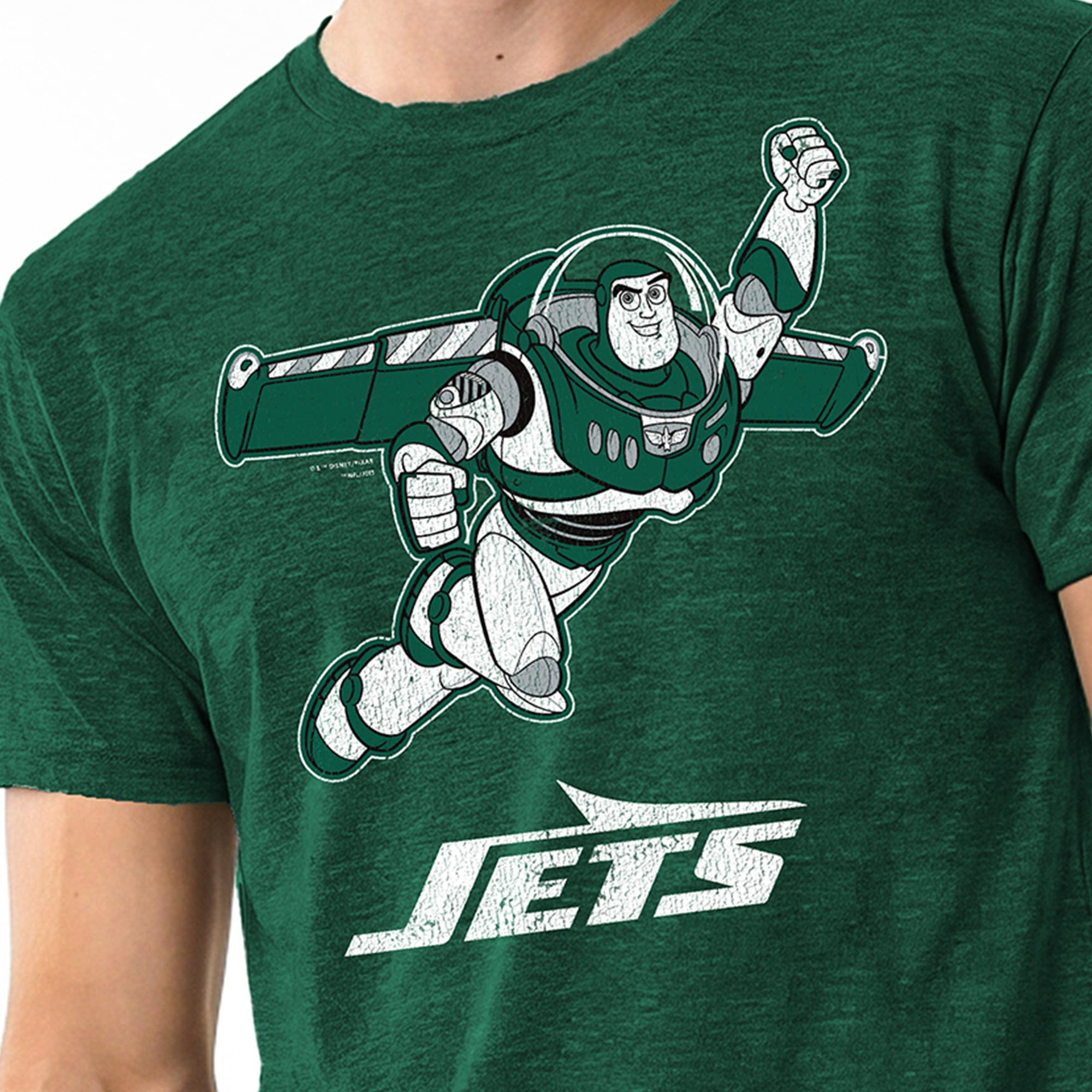 T-shirt homme Disney x Champion vert foncé New York Jets Buzz l'Éclair en mélange de trois matières