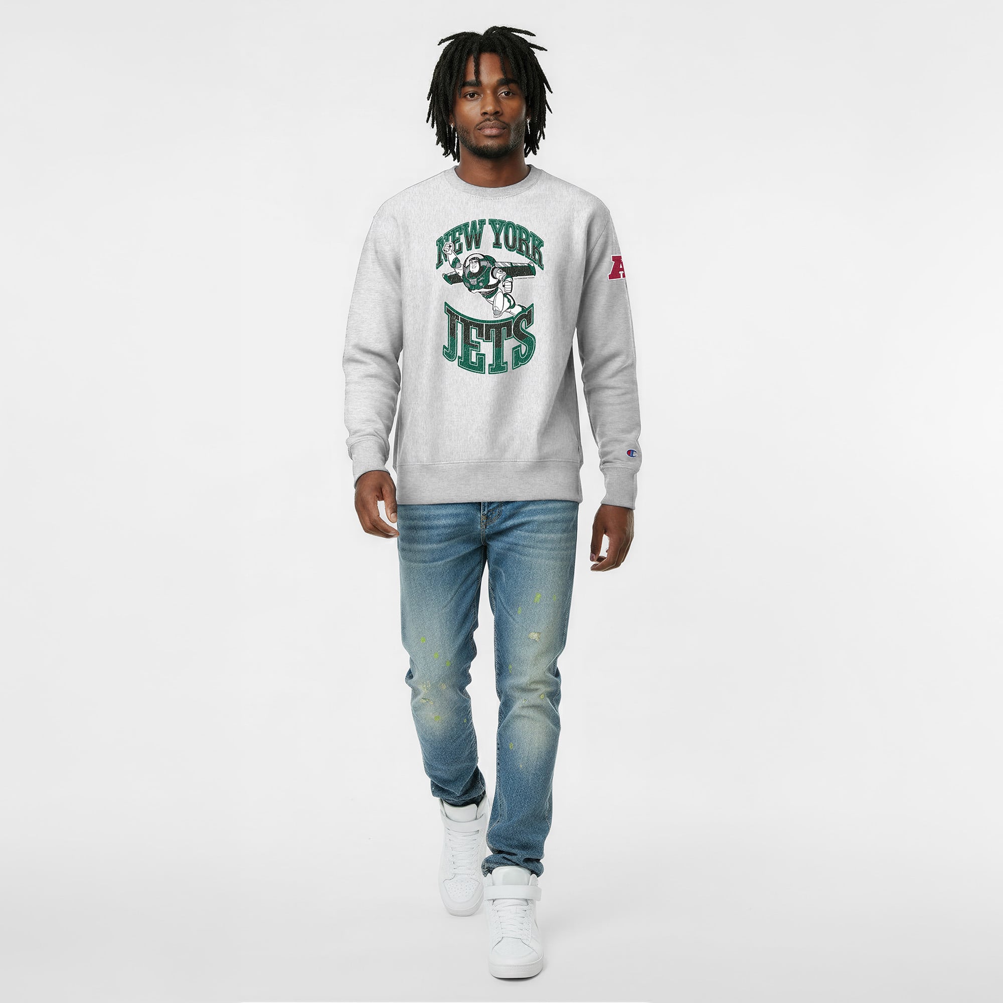 Men's Disney x Champion Heather Gray New York Jets Buzz Lightyear Reverse Weave Sweatshirt