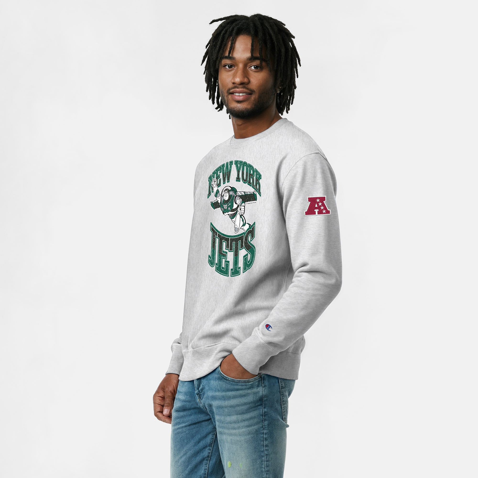 Men's Disney x Champion Heather Gray New York Jets Buzz Lightyear Reverse Weave Sweatshirt