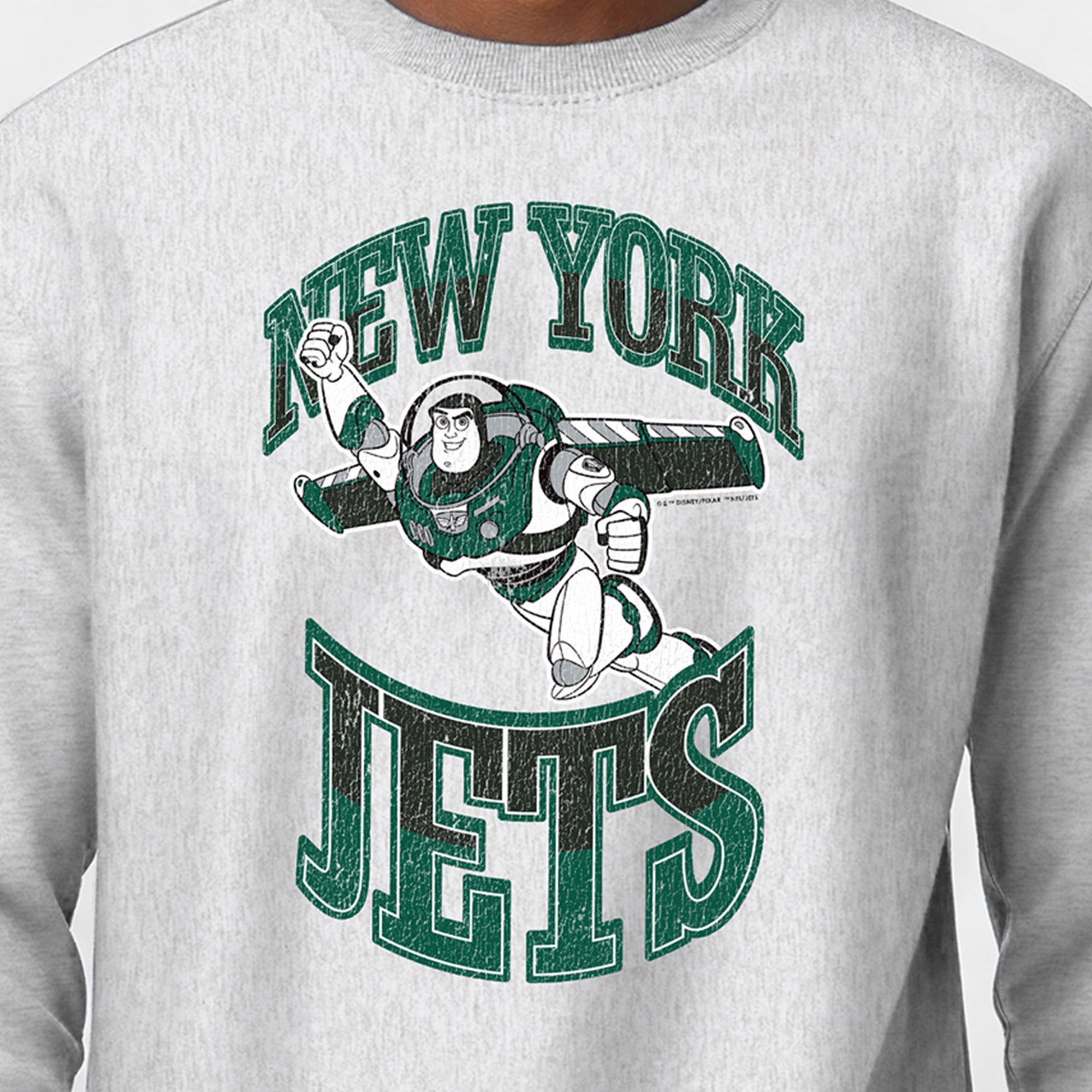 Men's Disney x Champion Heather Gray New York Jets Buzz Lightyear Reverse Weave Sweatshirt