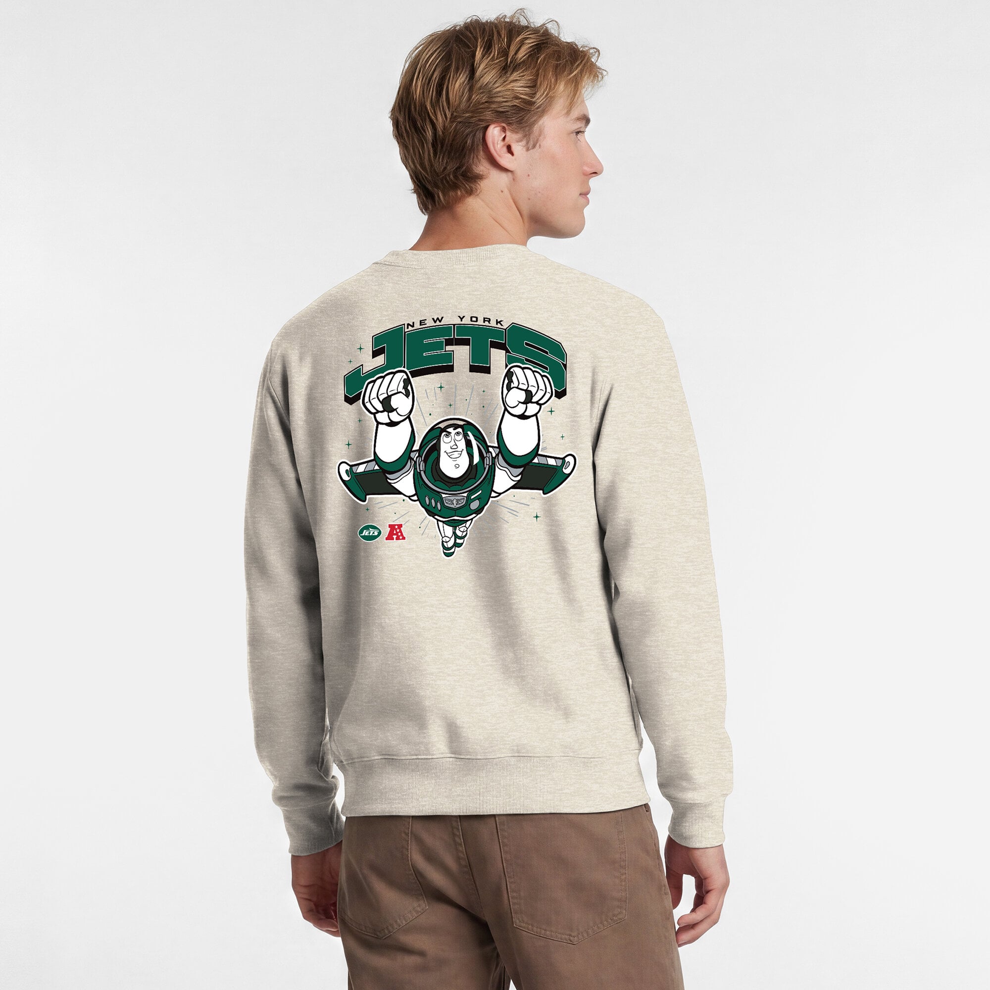 Men's Disney x Champion  Oatmeal New York Jets Powerblend Left Chest Fullback Crew Sweatshirt