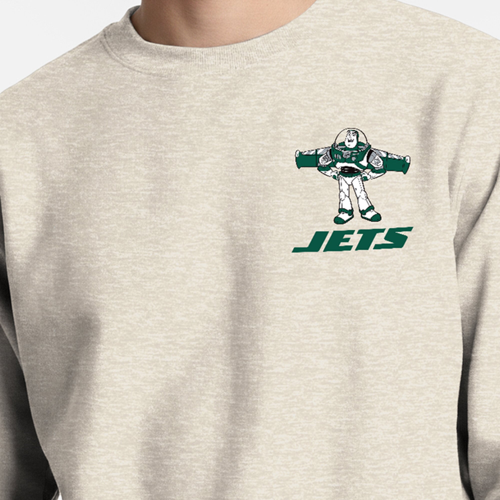 Men's Disney x Champion  Oatmeal New York Jets Powerblend Left Chest Fullback Crew Sweatshirt