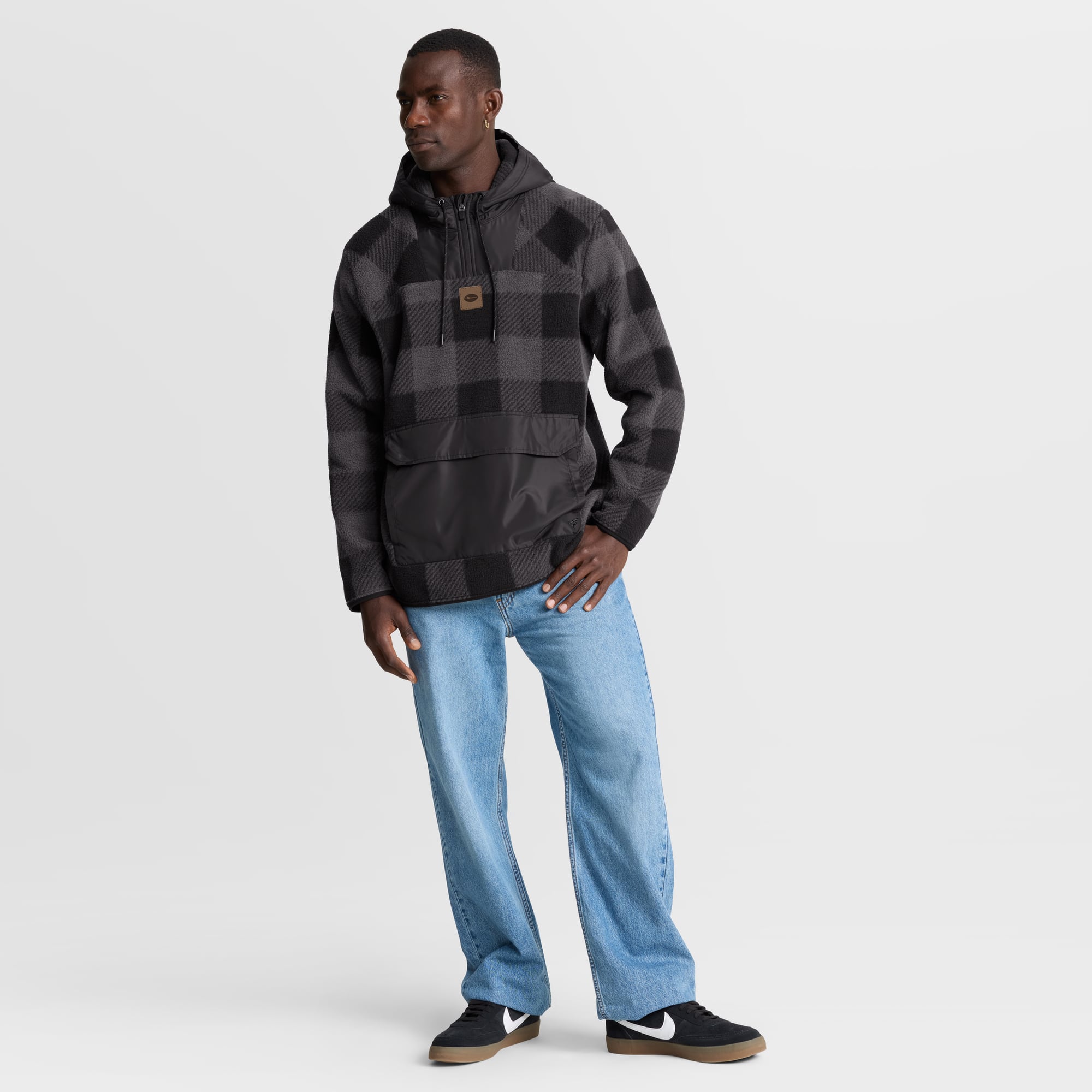 Men's Fanatics Black New York Jets Oversized Elements Plaid Polar Fleece Quarter-Zip Hoodie