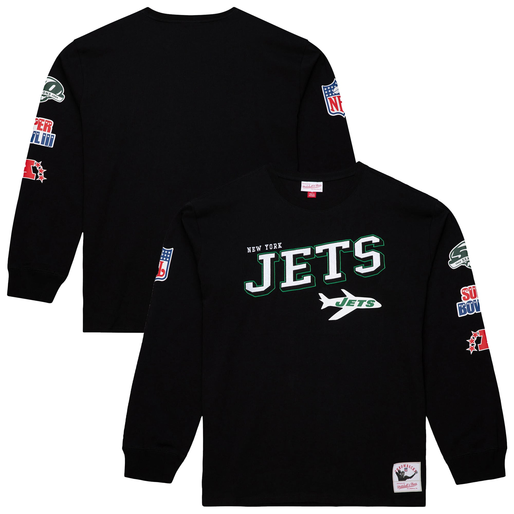 Men's Mitchell & Ness  Black New York Jets Training Camp Vintage Logos Long Sleeve T-Shirt