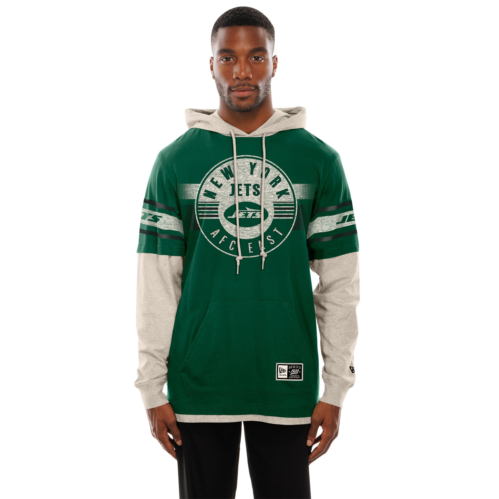 Men's New Era Green York Jets Twofer Layered Long Sleeve Hooded T-Shirt