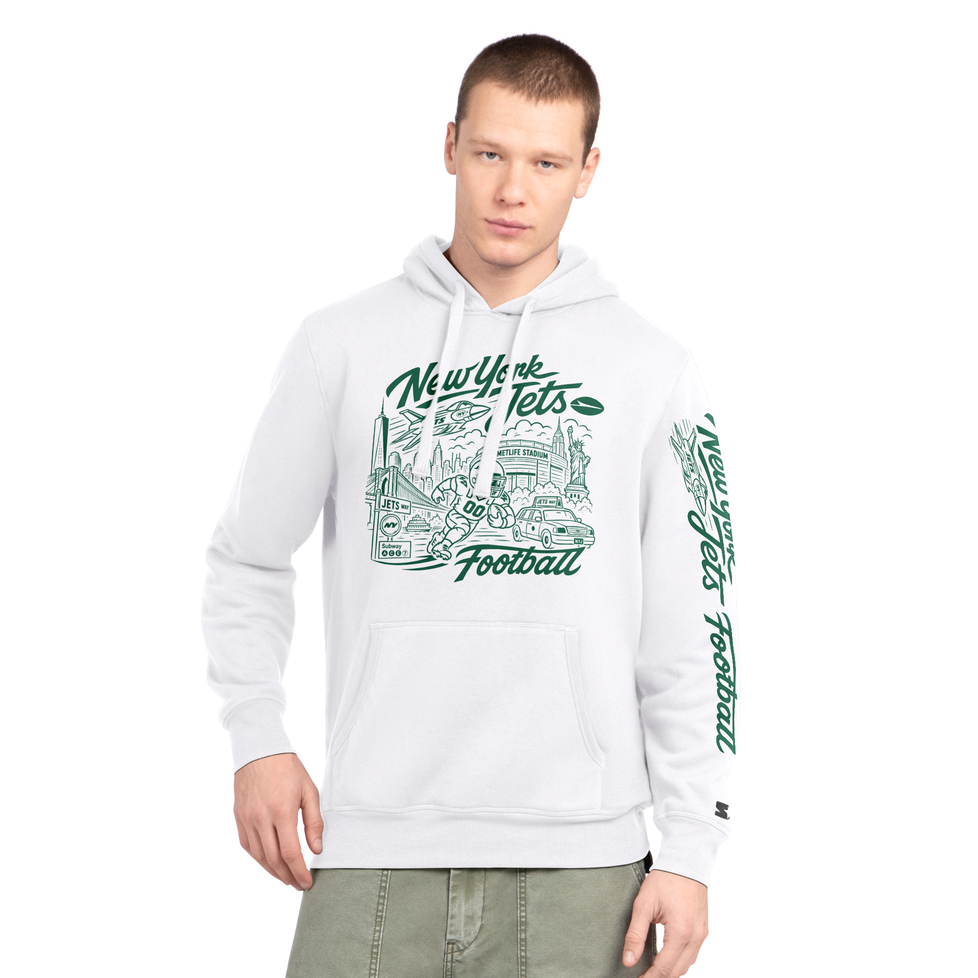 Sweat à capuche Starter blanc pour homme, motif skyline des New York Jets