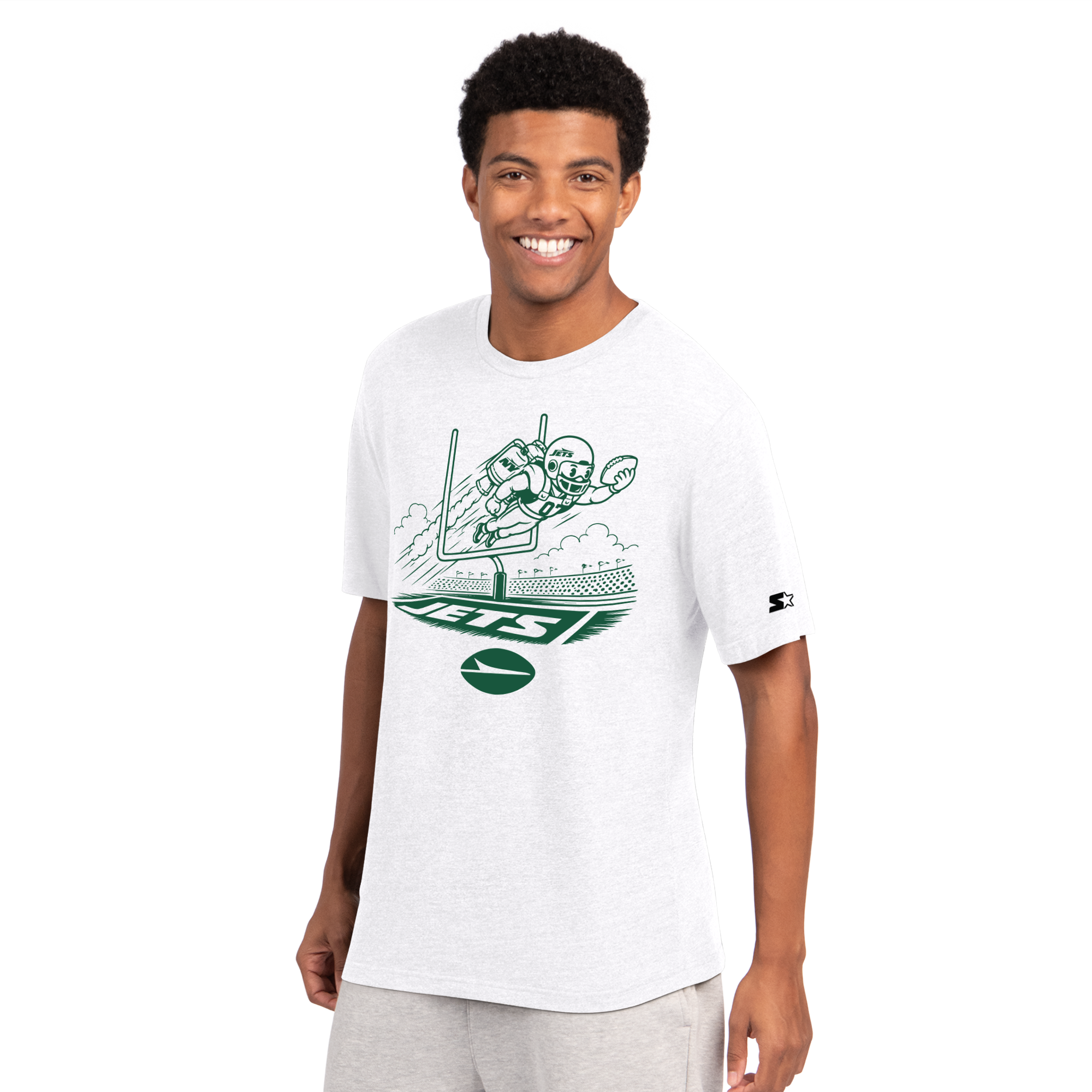 T-shirt Starter blanc pour homme, motif jet de but sur le terrain des Jets New York