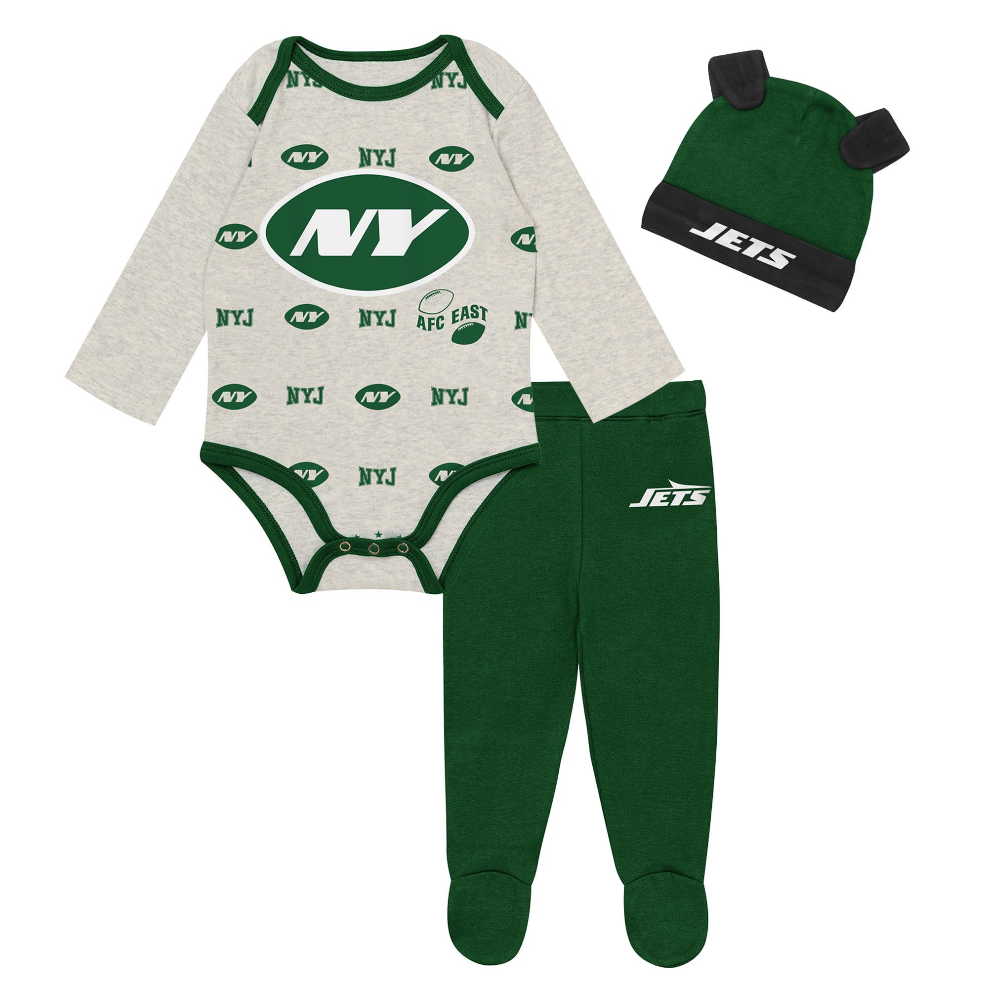 Ensemble pantalon et bonnet 3 pièces New York Jets Huddles & Giggles pour nouveau-né Outerstuff gris chiné