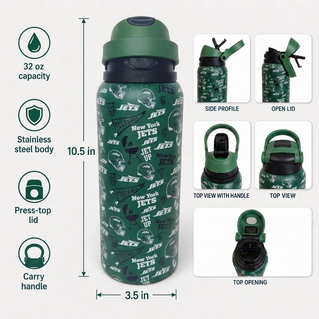 Gourde Pegasus New York Jets 32 oz, fanion de match, en acier inoxydable ProPress