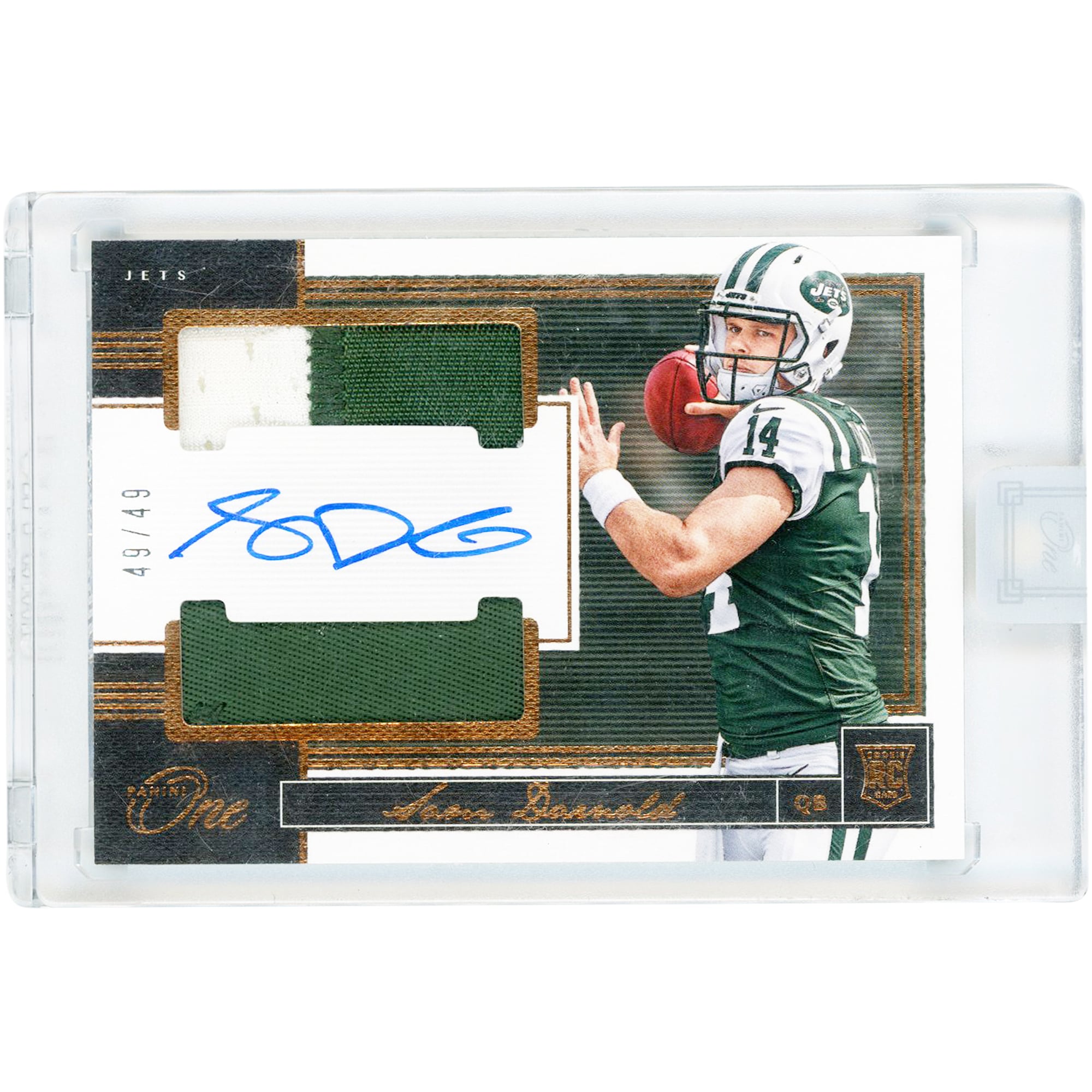 Sam Darnold New York Jets Autographed 2018 Panini One Dual Dual-Color Jersey Relic #67 #49/49 Rookie Card