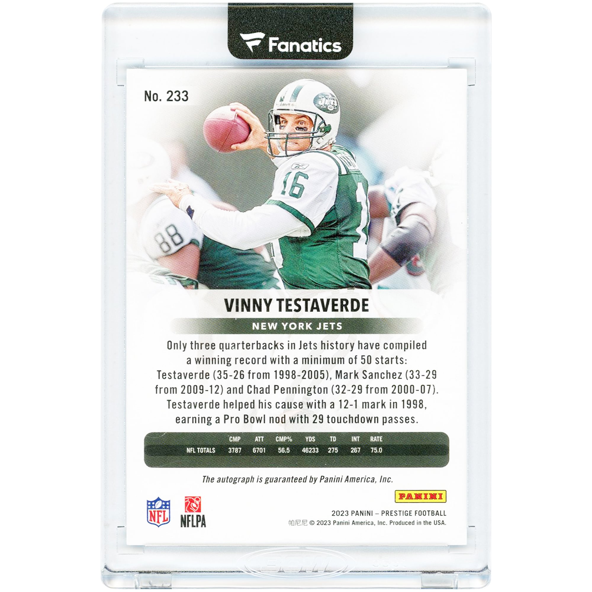 Carte autographiée de Vinny Testaverde (New York Jets) 2023 Panini Prestige Base Xtra Points Signatures Premium Platinum n° 233, numéro 10/10