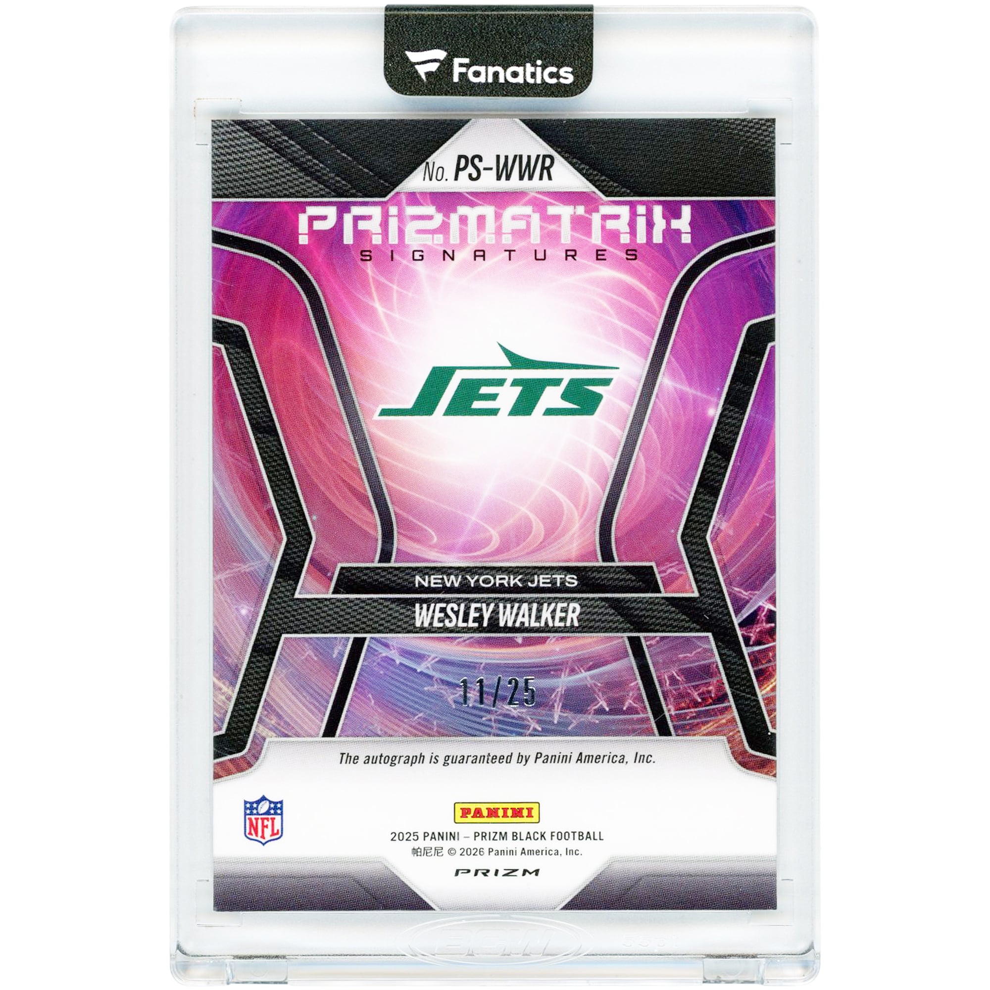 Carte autographiée de Wesley Walker (New York Jets) 2025 Panini Prizm Black Prizmatrix Signatures Mojo Prizm #PS-WWR # 11