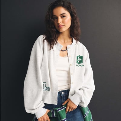 New York Jets Abercrombie & Fitch Women's Full-Button Cardigan - Heather Gray