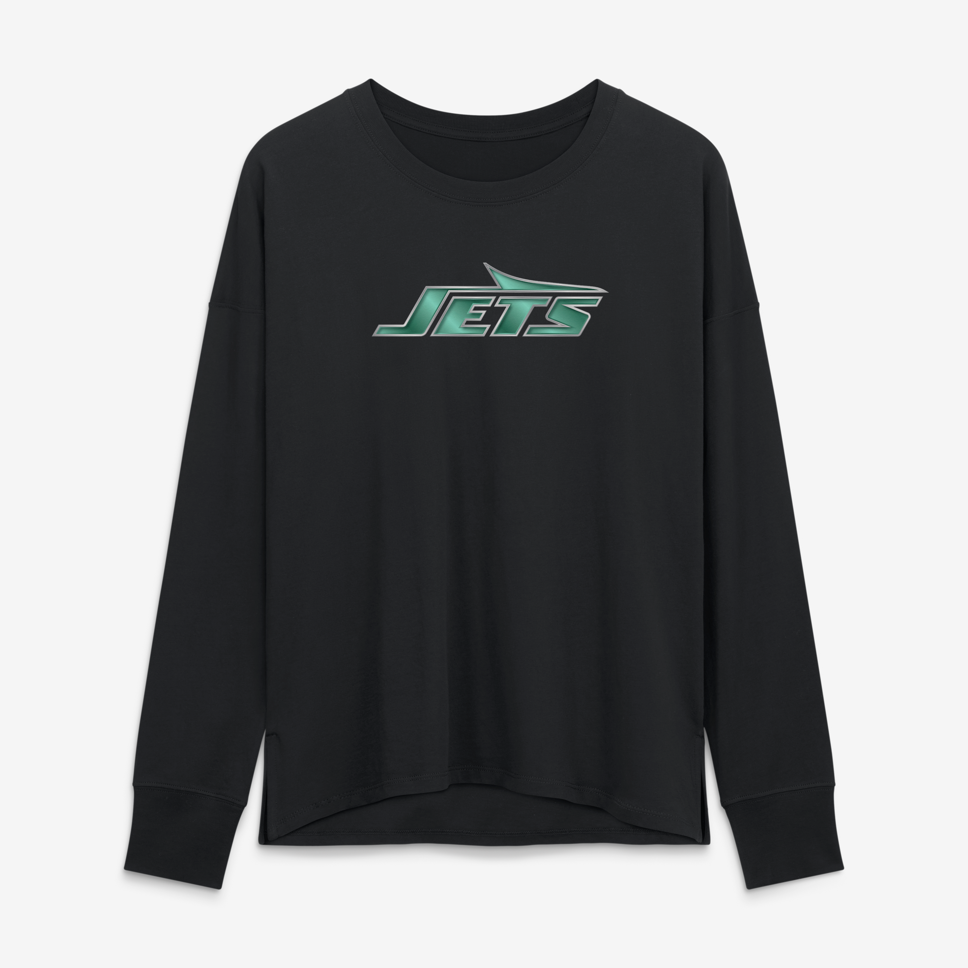 T-shirt à manches longues noir pour femme avec mascotte métallique des New York Jets