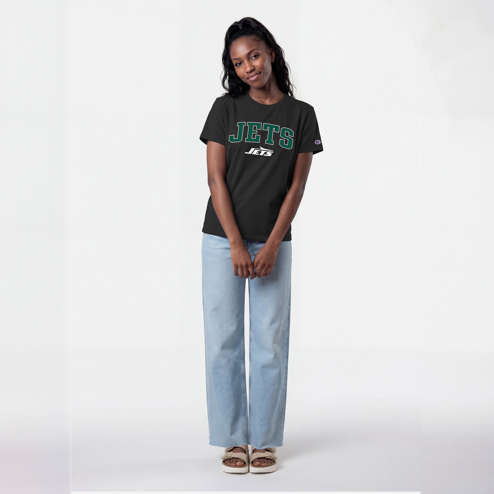 T-shirt noir Champion pour femmes avec logo arqué des New York Jets
