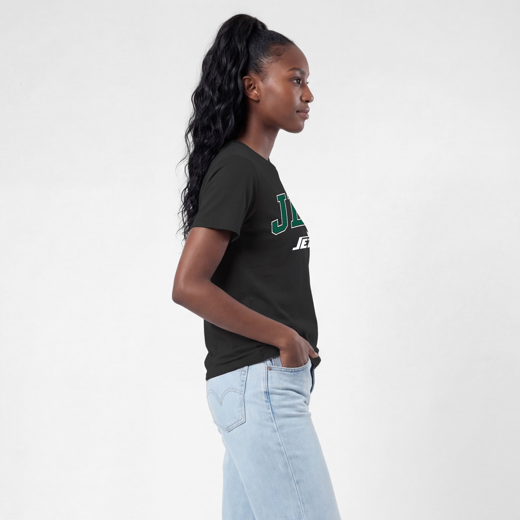 T-shirt noir Champion pour femmes avec logo arqué des New York Jets