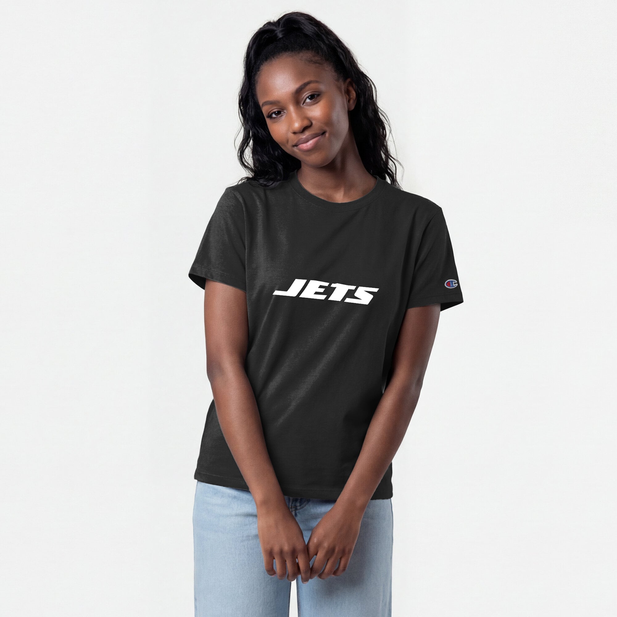T-shirt noir Champion pour femmes avec logo des New York Jets