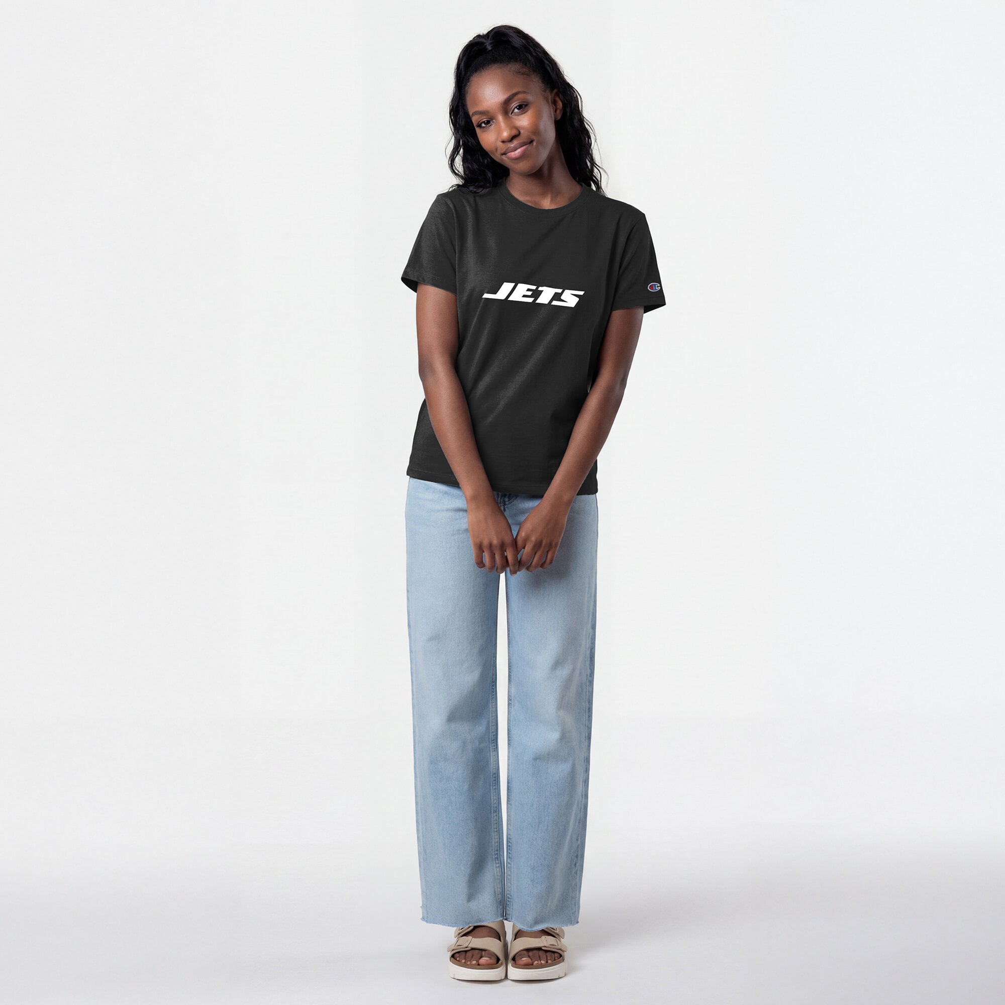 T-shirt noir Champion pour femmes avec logo des New York Jets