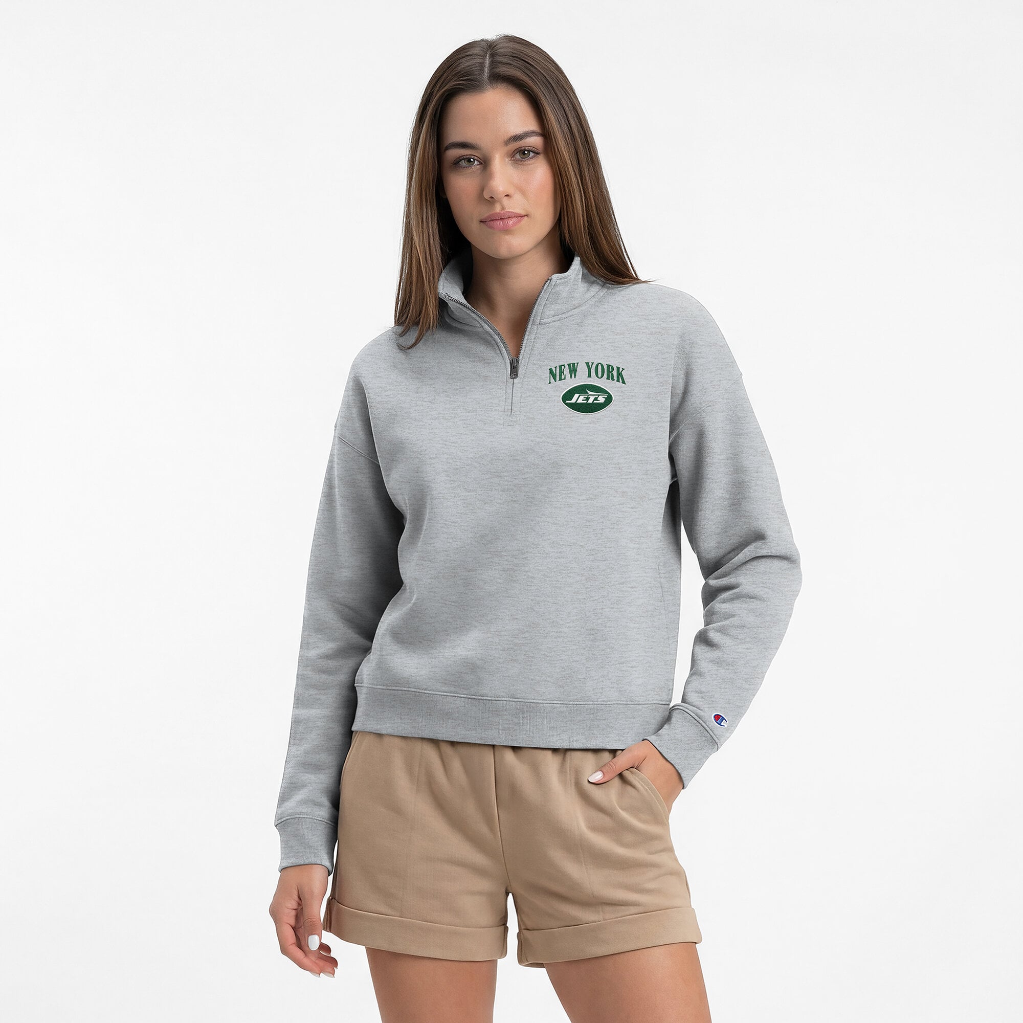 Sweat-shirt à col zippé Champion pour femme, gris chiné, New York Jets, Powerblend