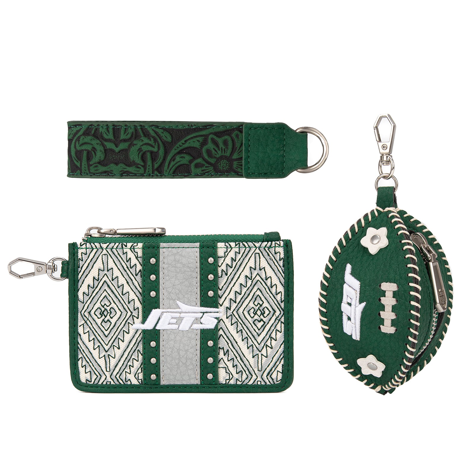 Portefeuille Montana West pour femme et bracelet porte-clés football américain New York Jets