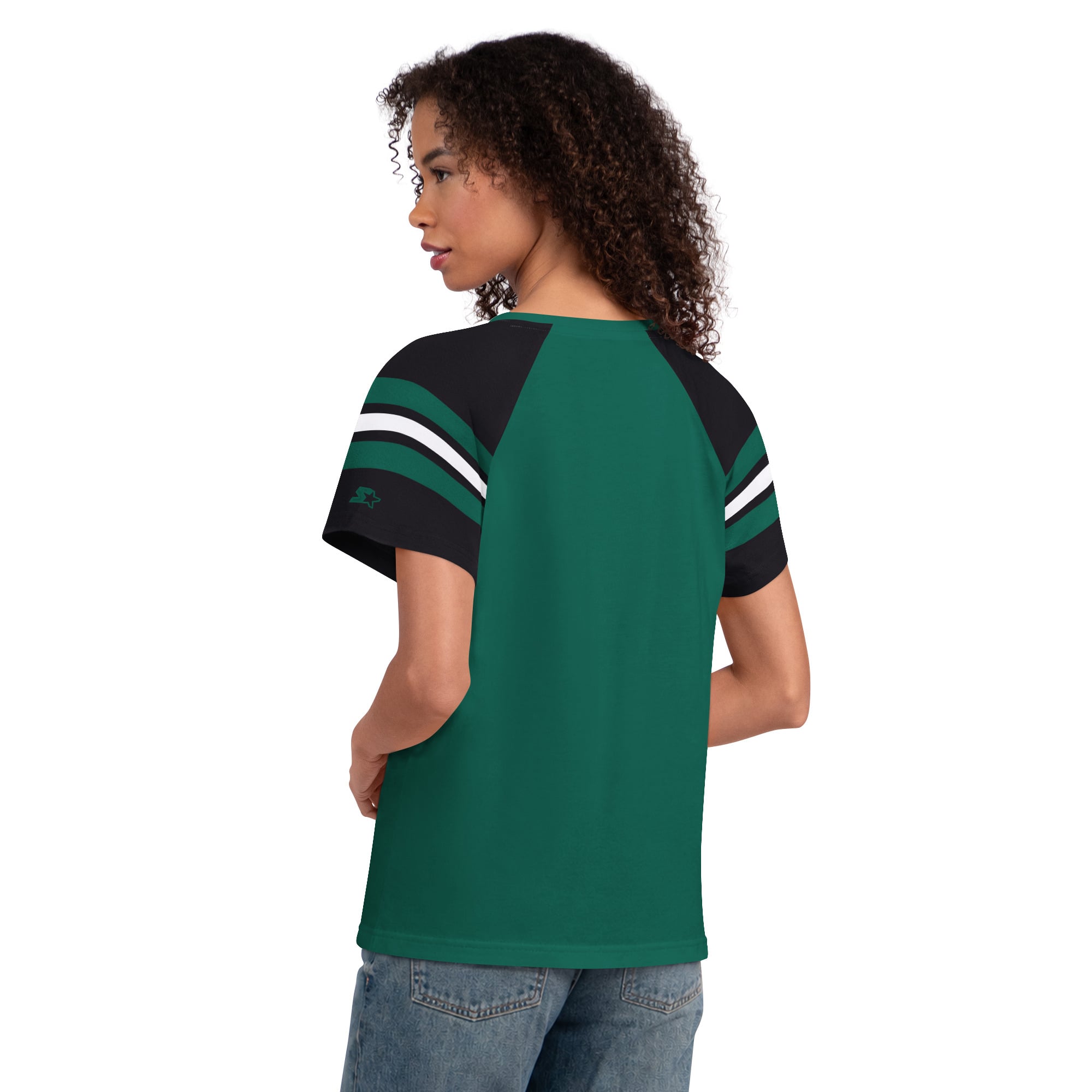 T-shirt raglan à col cranté Starter Green pour femme, New York Jets Game On