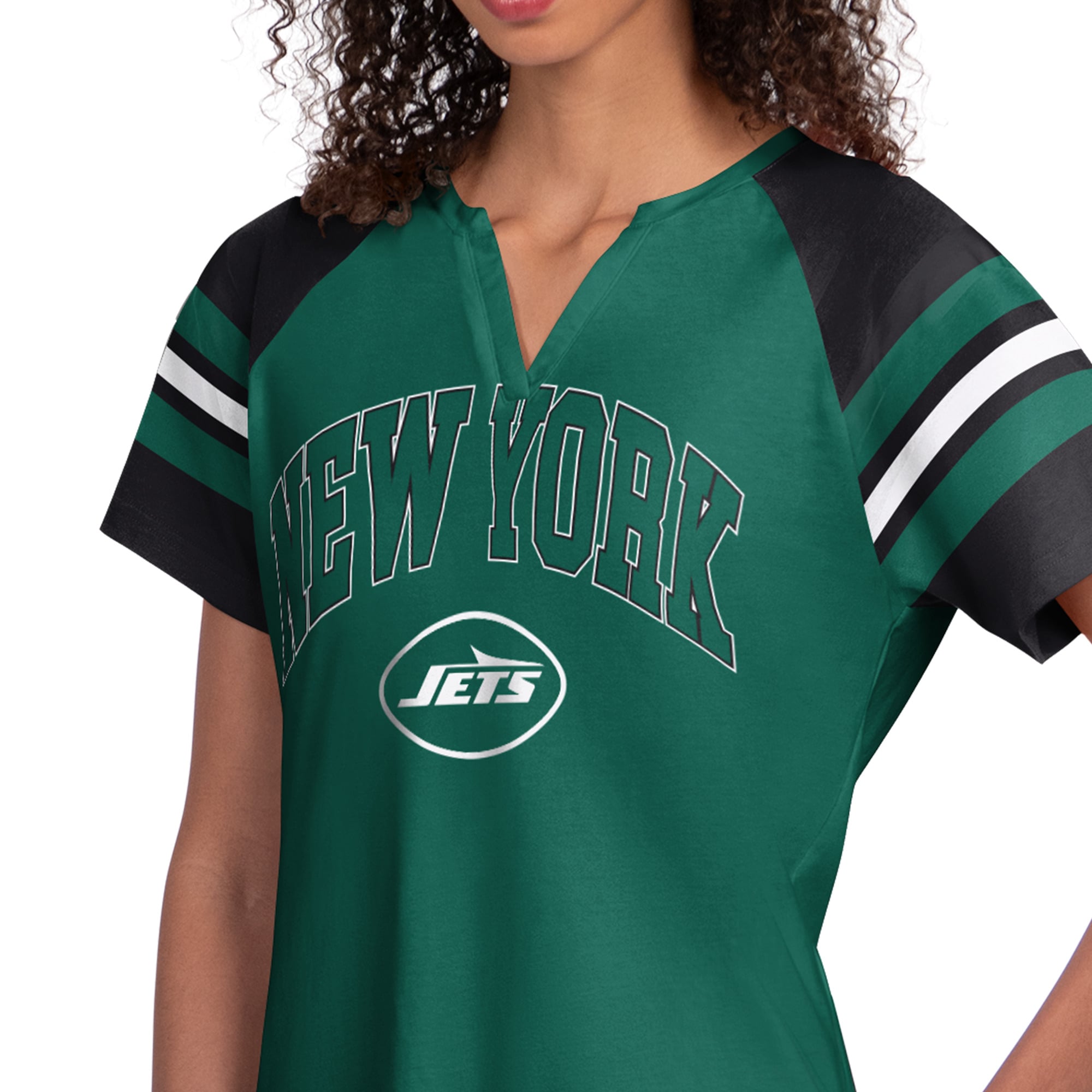 T-shirt raglan à col cranté Starter Green pour femme, New York Jets Game On