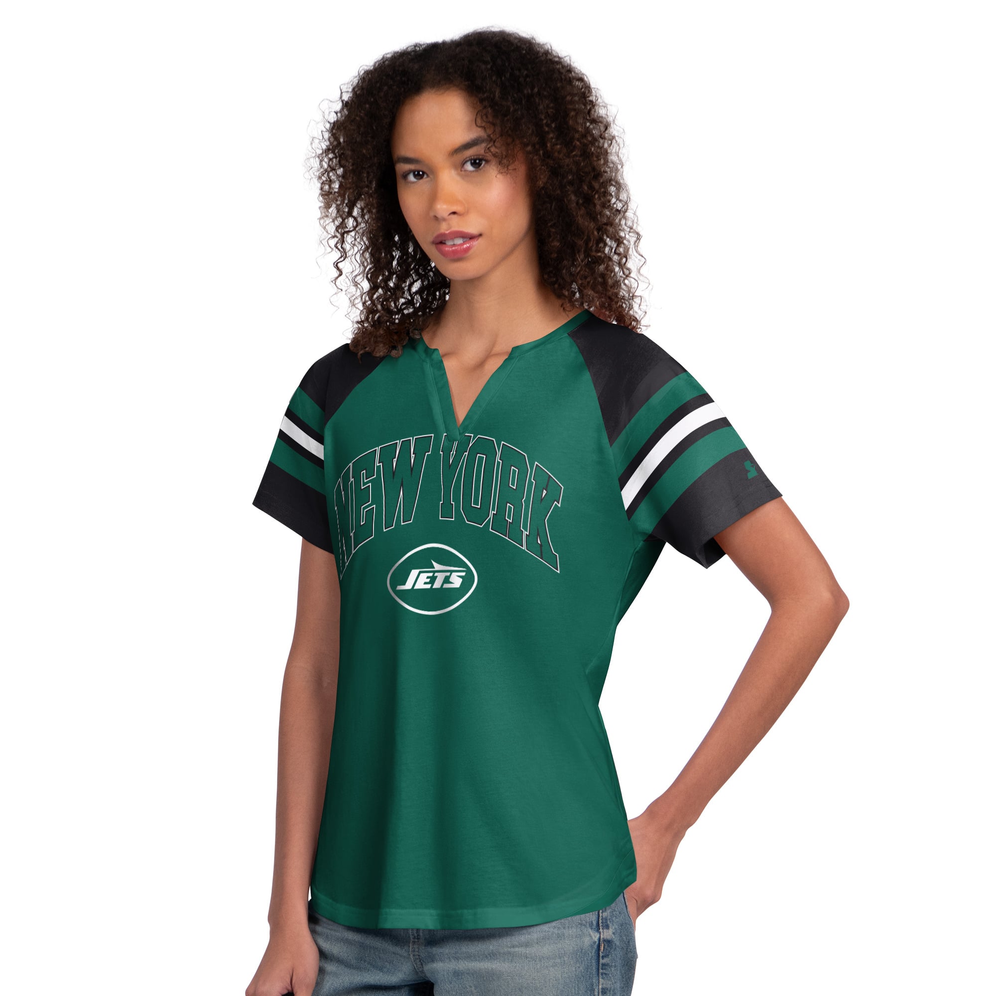 T-shirt raglan à col cranté Starter Green pour femme, New York Jets Game On