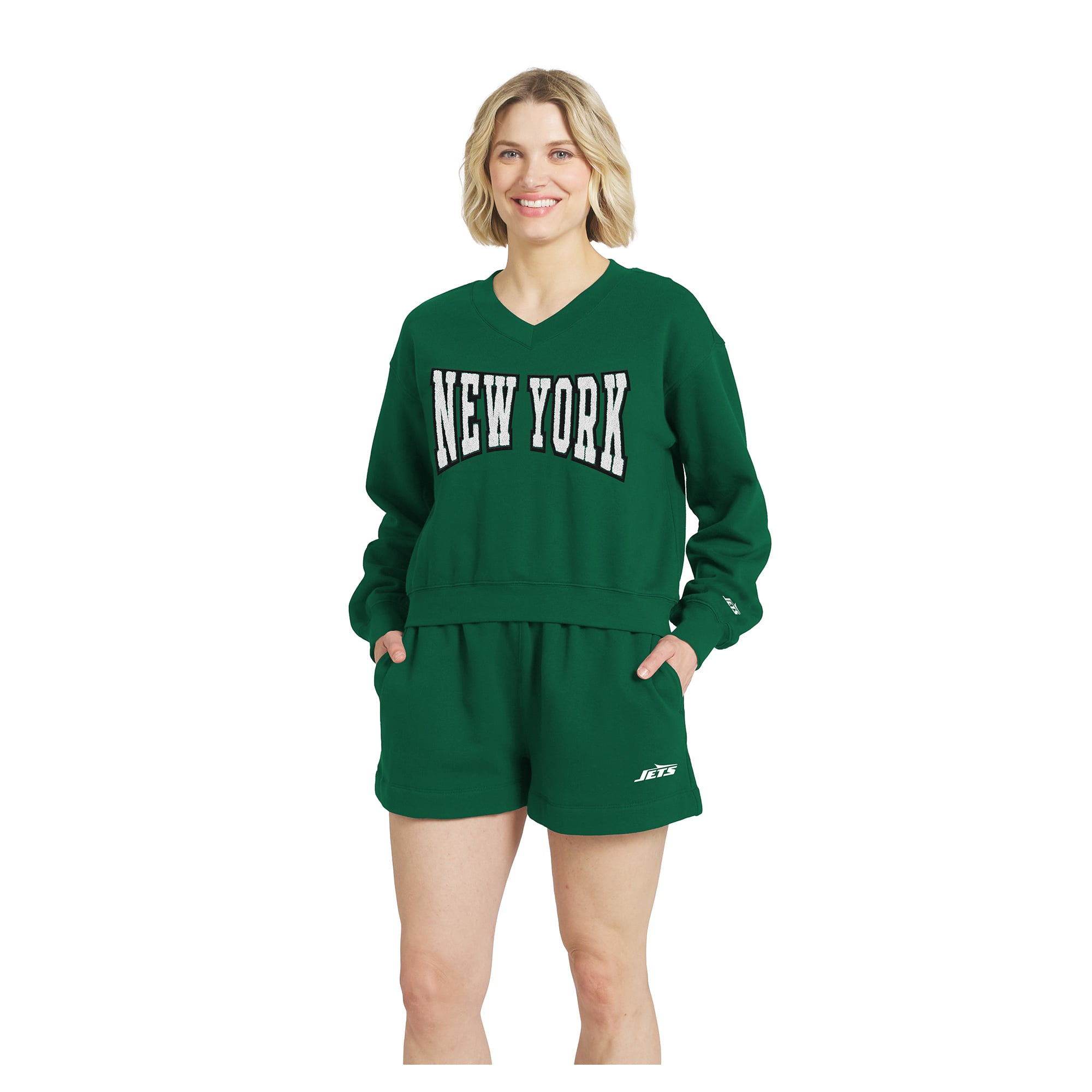 Women's WEAR by Erin Andrews Green New York Jets Fleece V-Neck Lounge Set