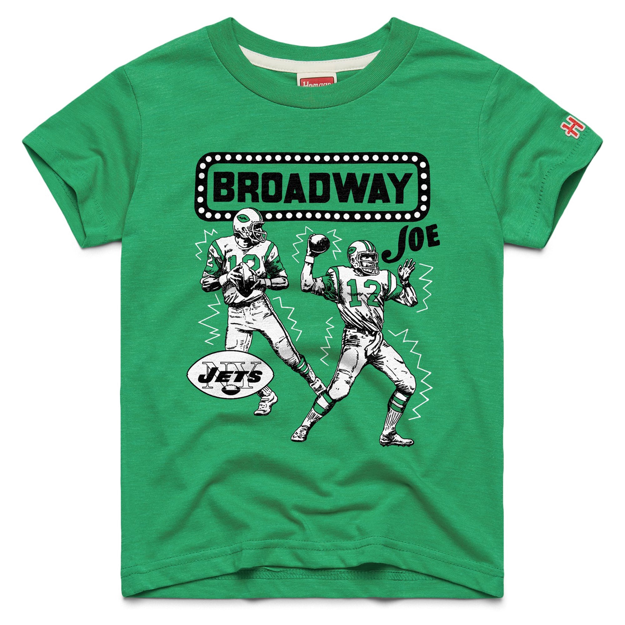 T-shirt vert hommage à Joe Namath, New York Jets, légendes retraitées