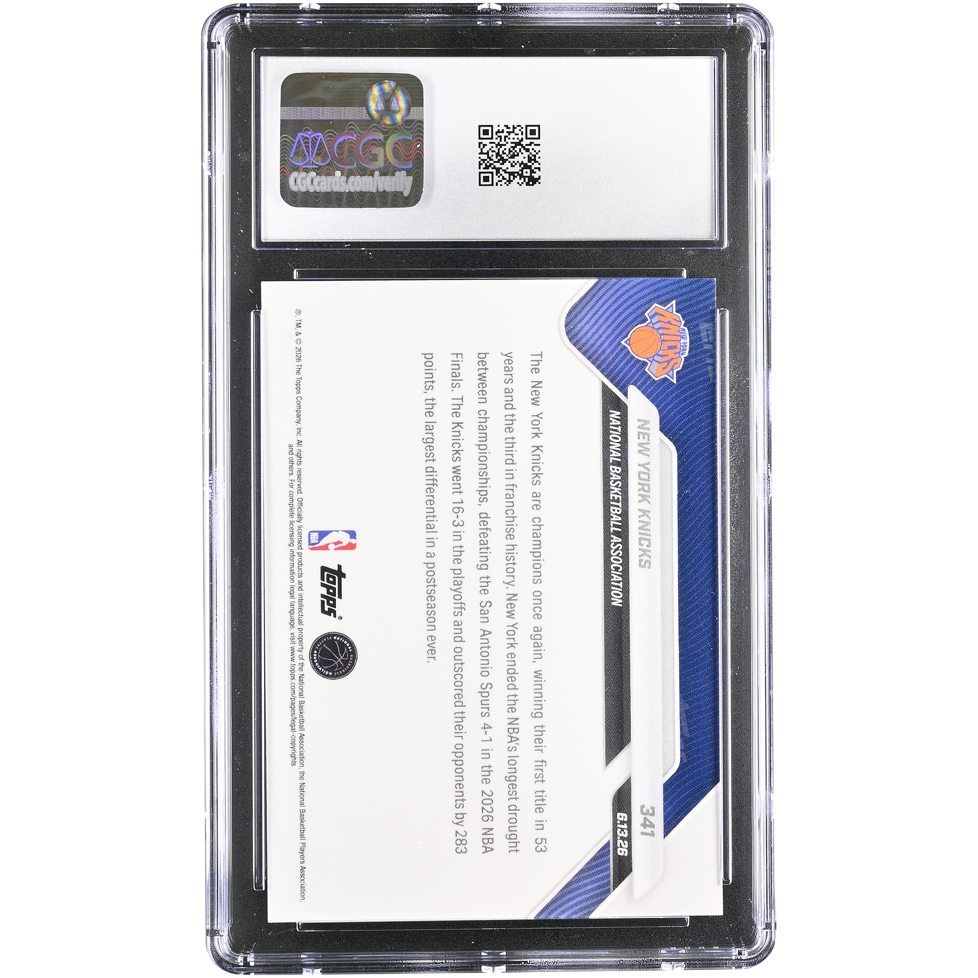 Carte New York Knicks 2025-26 Topps Now Champions NBA n° 341, authentifiée CGC, état neuf (GEM MINT 10).
