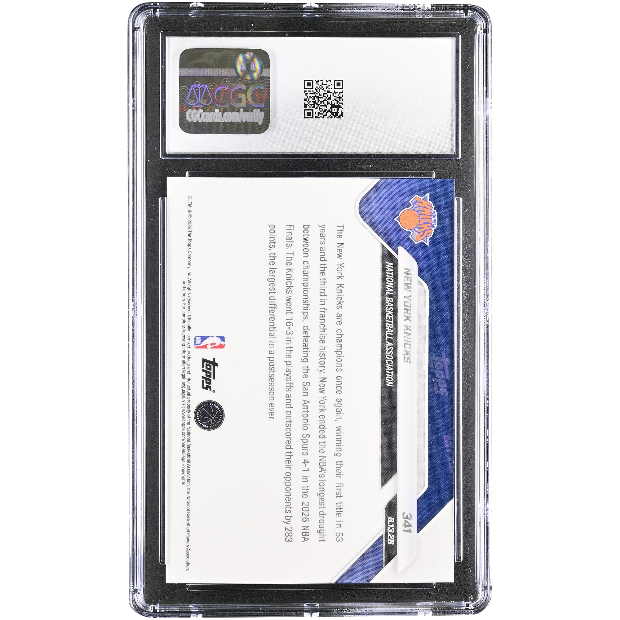 Carte New York Knicks 2025-26 Topps Now Champions NBA n° 341, authentifiée CGC MINT+ 9.5