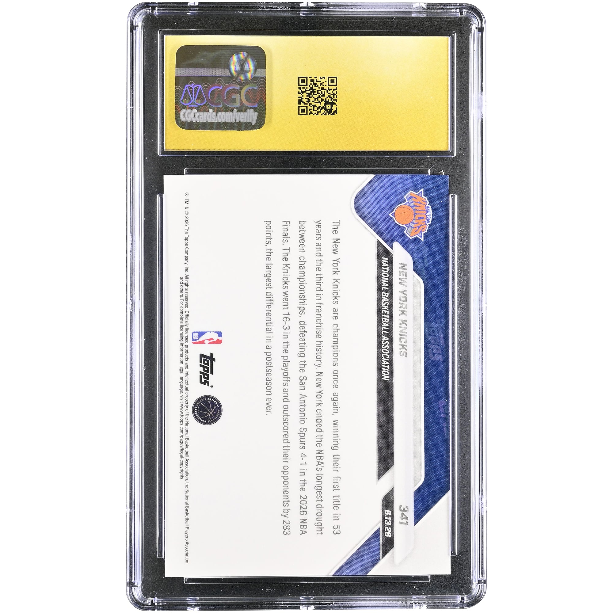 Carte New York Knicks 2025-26 Topps Now Champions NBA n° 341, authentifiée CGC, état PRISTINE 10